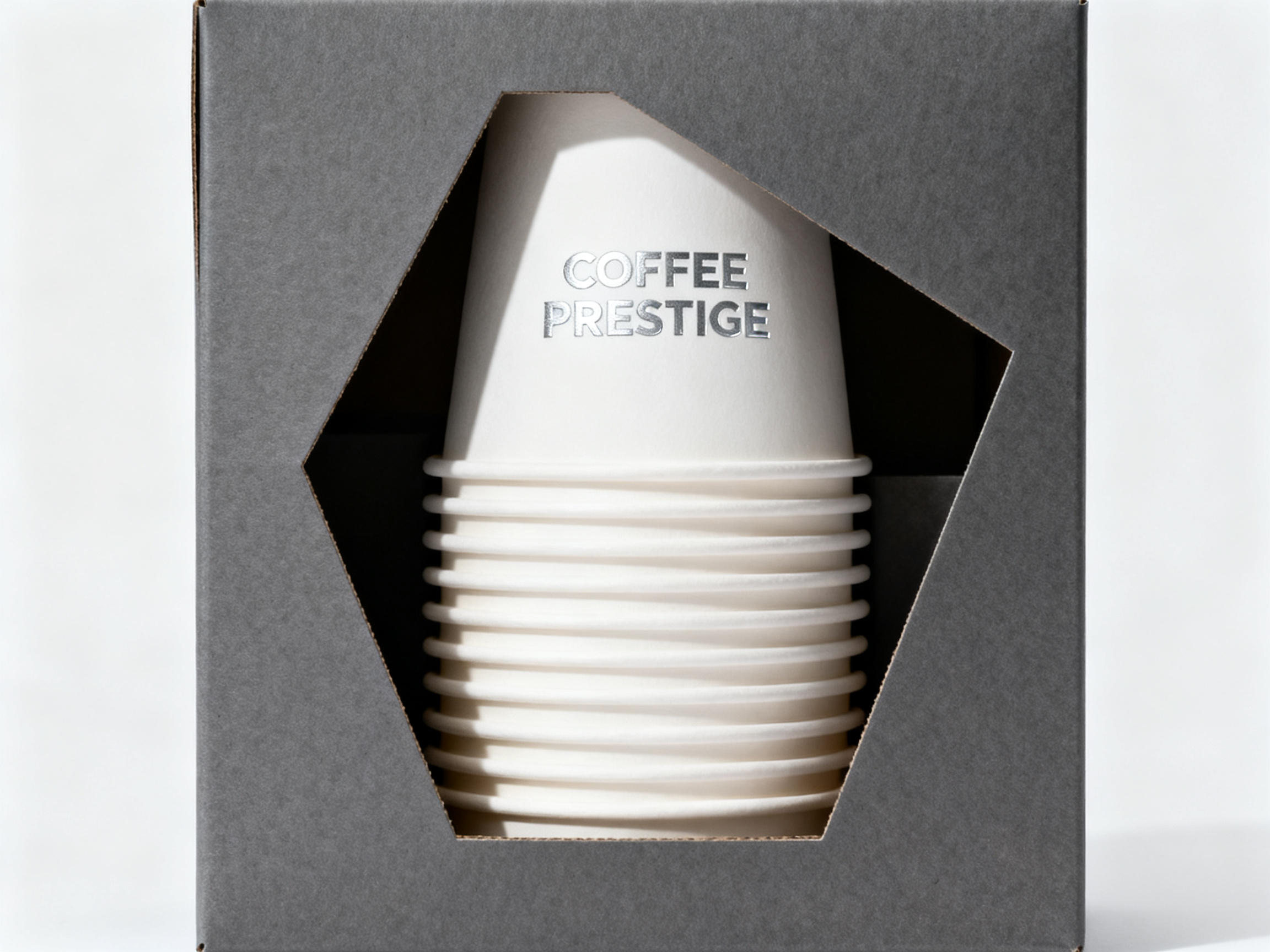 纸杯样品包装,一次性纸杯包装设计,现代简约美学,深灰色硬纸板包装盒,几何切割开窗展示内部白色纸杯叠放,银色烫印品牌标识,包装表面哑光质感,极简主义设计语言,高端咖啡店风格,专业产品摄影,均匀柔光布光,纯白无缝背景