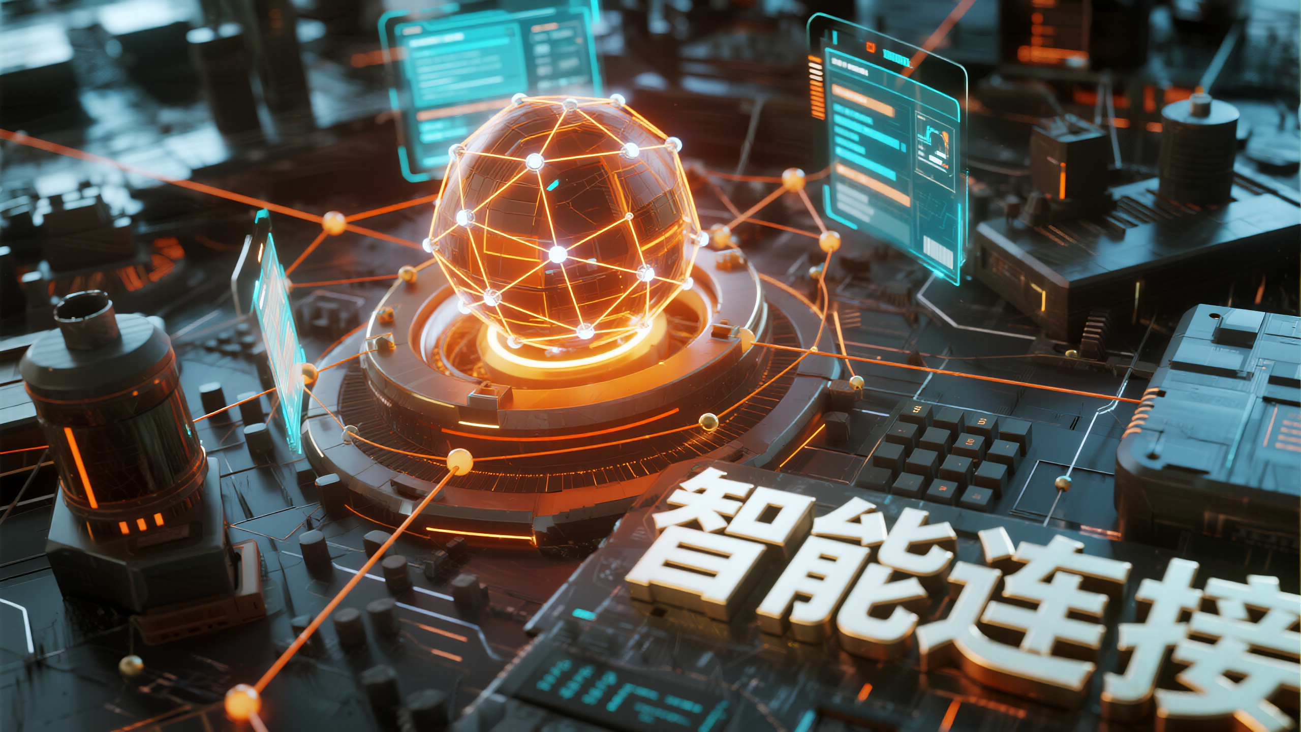 互联网科技banner,互联网主题3D场景设计,C4D建模技术,抽象网络节点和连接线构成立体网格结构,中心区域为发光的数据核心,外围分布浮动的信息模块和界面元素,配色采用橙色到青色的对比色调,"智能连接"文字采用未来派字体设计,金属光泽质感,位于画面右下角,微距镜头效果,焦点清晰背景虚化,高精度光线追踪