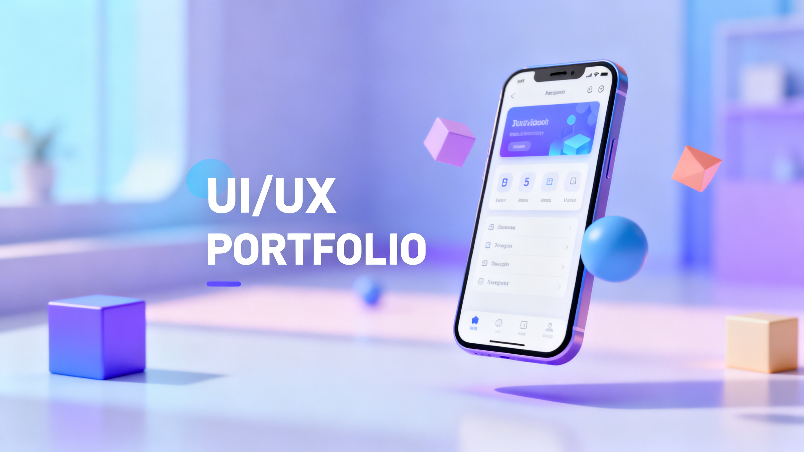 UI/UX作品集,UI/UX设计作品集封面,C4D建模场景,OC渲染,近距离景深效果,前景是悬浮的手机界面模型和几何图形,清新的渐变色彩,柔和的投影效果,背景景深虚化,淡蓝紫色调环境光,标题"UI/UX PORTFOLIO"居中排版,现代科技字体,数字设计感,创意视觉