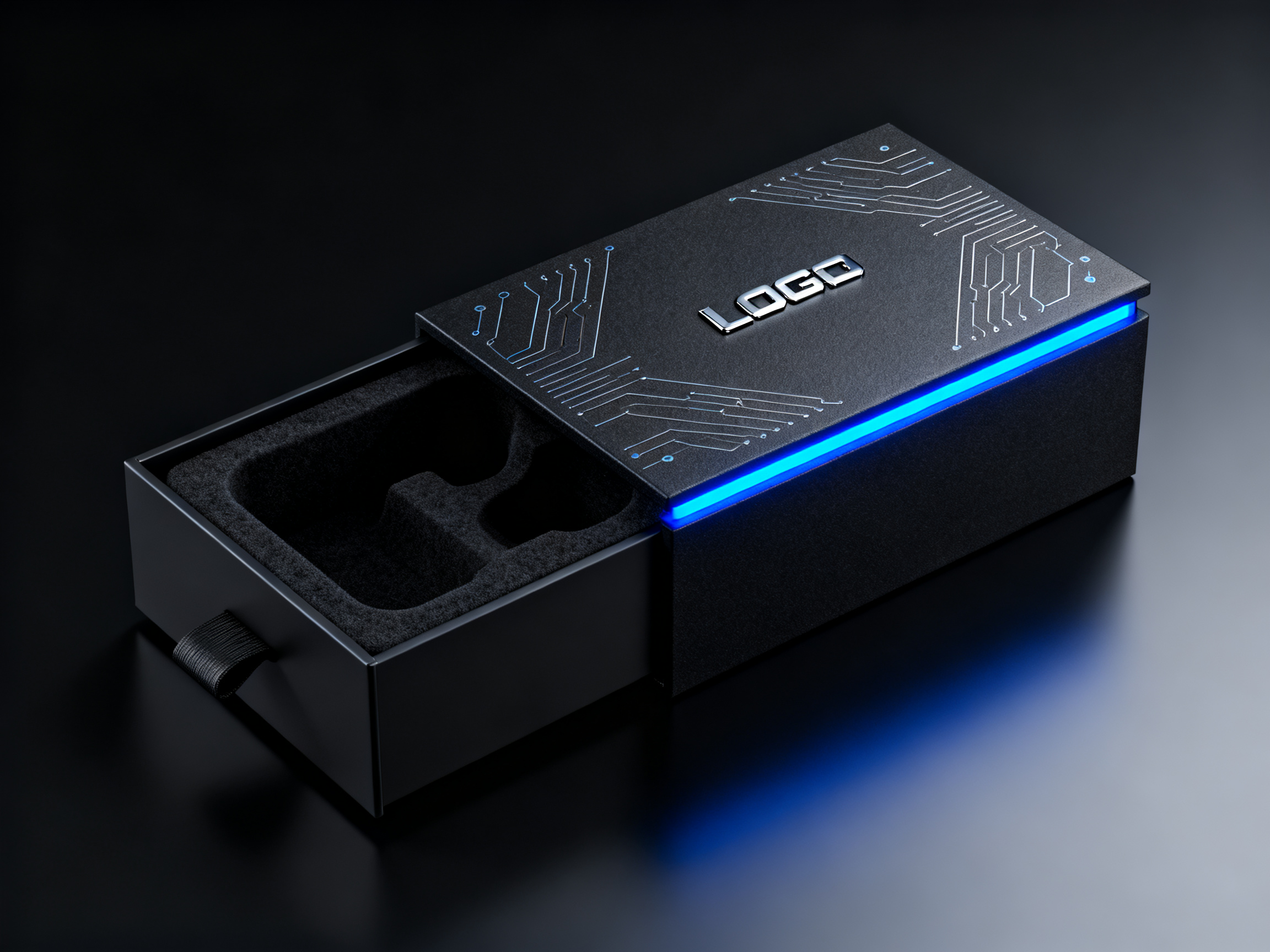 样品包装科技蓝牙耳机,蓝牙耳机盒包装设计,高端科技感,黑色磨砂质感包装盒配蓝色LED灯带装饰,包装盒采用抽屉式开启,内部黑色植绒定制凹槽,盒面金属质感品牌LOGO,科技线条图案装饰,现代音频设备包装美学,产品摄影质感,专业影棚布光,深色渐变背景