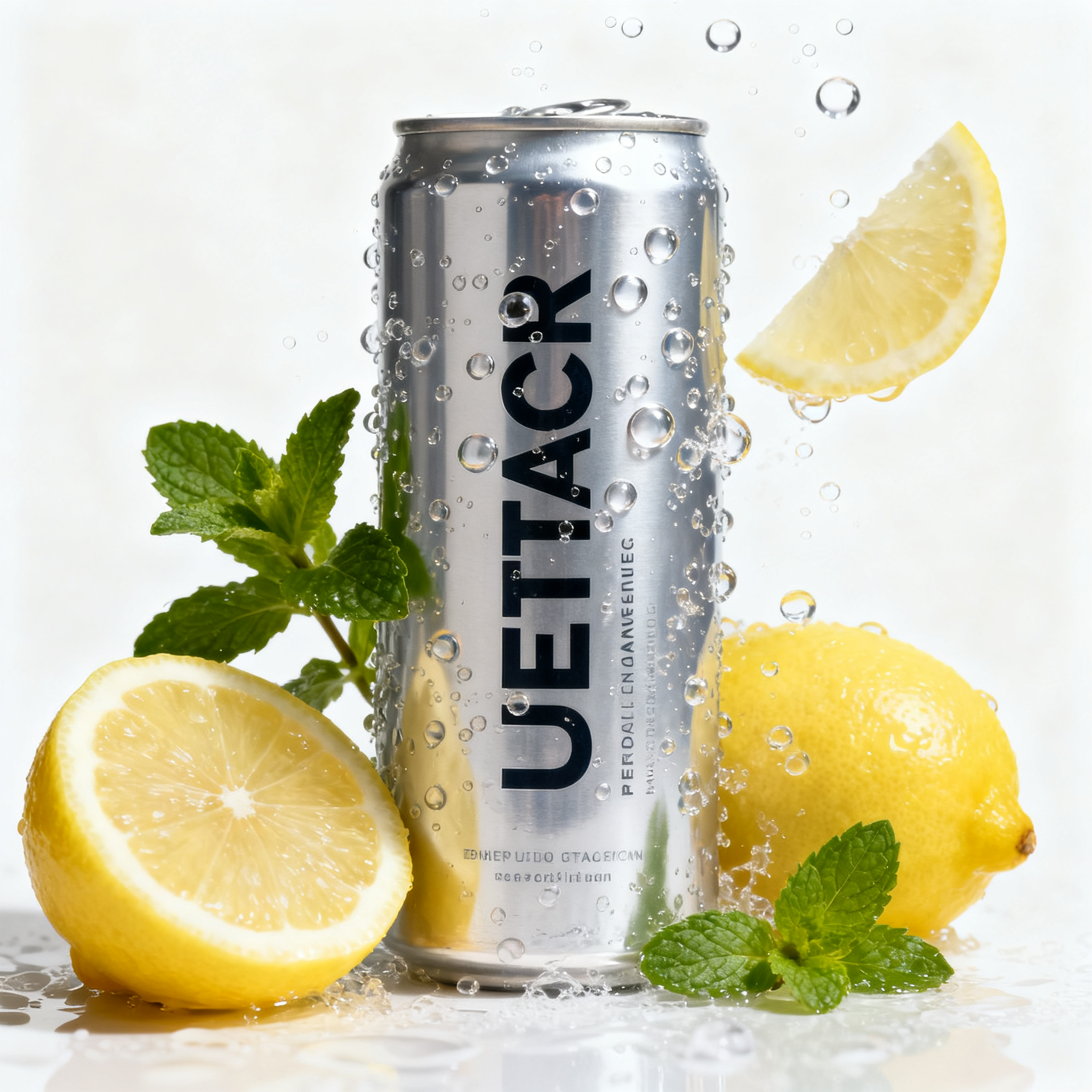 柠檬气泡水电商主图,气泡水电商主图,时尚铝罐包装设计,银色金属质感,气泡升腾效果,柠檬薄荷叶点缀,清爽夏日感,纯白背景突出产品,专业摄影棚打光,高端商业摄影风格,电商产品展示美学
