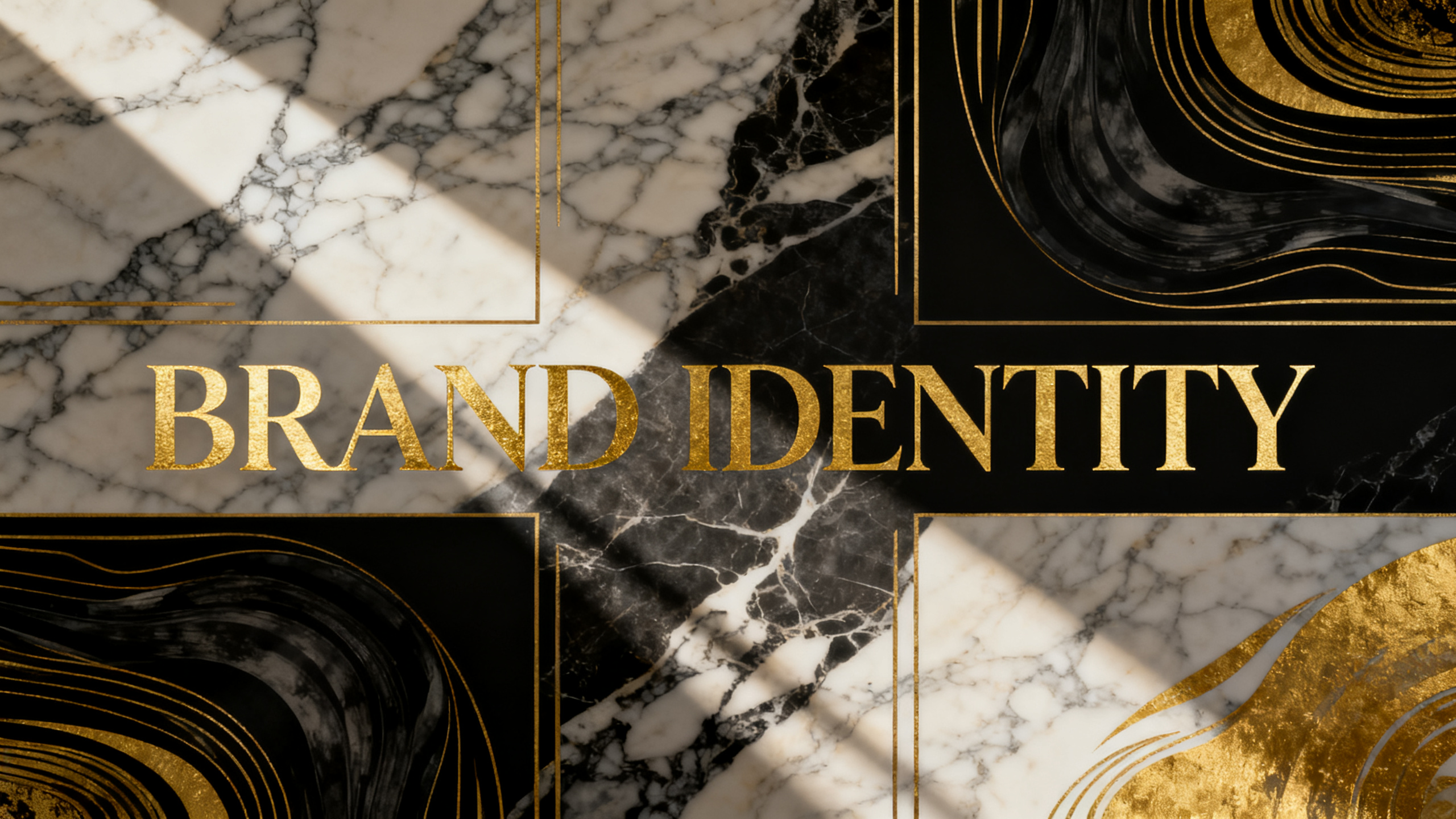 视觉设计师作品集,品牌设计作品集封面,奢华排版设计,标题"BRAND IDENTITY"优雅serif字体,金箔质感效果,三分法构图,配大理石纹理背景,抽象光影艺术,黑金配色方案,装饰艺术风格,高端品牌美学,博物馆级设计品质,典藏版质感
