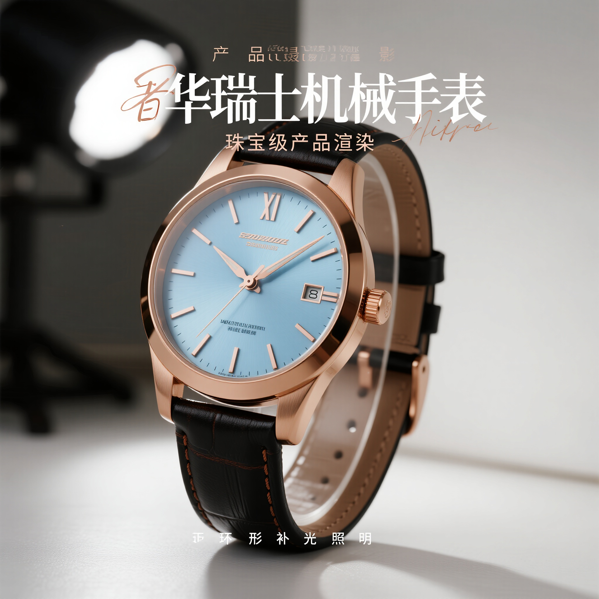 手表电商主图,奢华瑞士机械手表,18K玫瑰金表壳,蓝宝石表镜,真皮表带,表盘正面朝向,画面中心位置,环形补光照明,金属质感高光,洁净白色底面,珠宝级产品渲染,商务精英品味