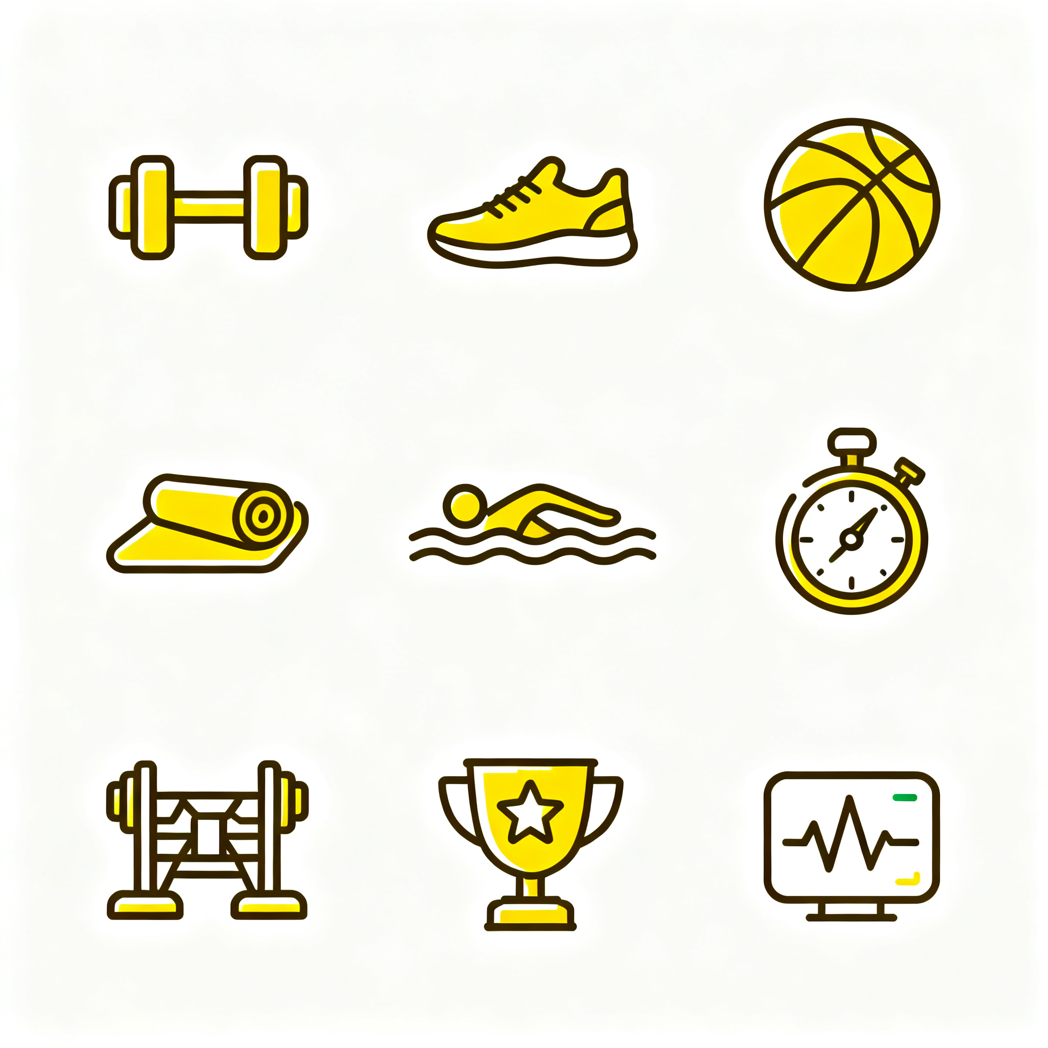 UI面性线性图标,运动健身UI线性图标,九宫格标准排版,哑铃、跑步鞋、篮球、游泳、瑜伽垫、秒表、奖杯、健身房、心率监测等9个运动符号,充满活力的黄色#FFD700主色彩,动感线条表现,运动激情设计,纯净白色底色,健康生活方式风格