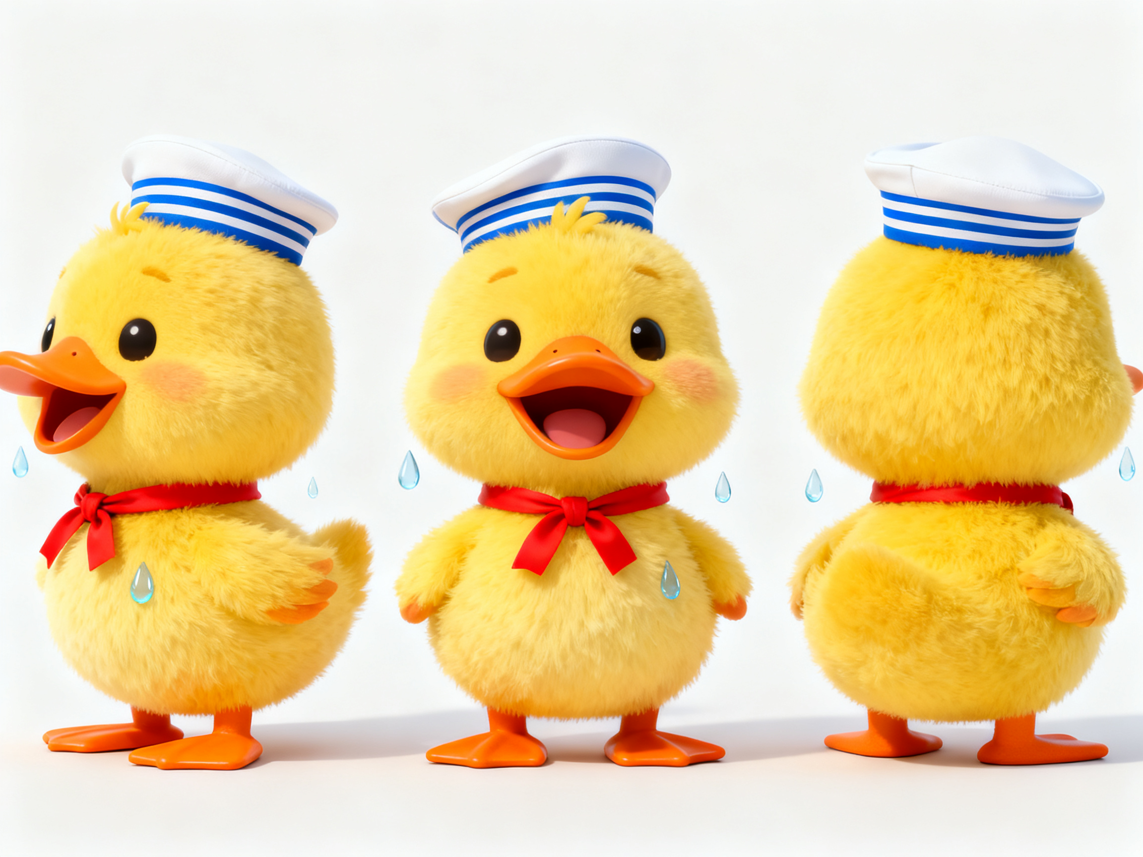水手鸭IP形象,Q版小鸭子IP设计,2.5头身萌系比例,鲜黄色毛茸茸身体,橙色扁嘴和脚蹼,头戴蓝白条纹水手帽,脖子系红色丝带,水滴装饰身边,开心张嘴表情,C4D三维建模风格,Octane渲染引擎,特写镜头拍摄,简洁白色底色,前视左视后视三方位完整展现,水上运动主题,清新活泼色彩