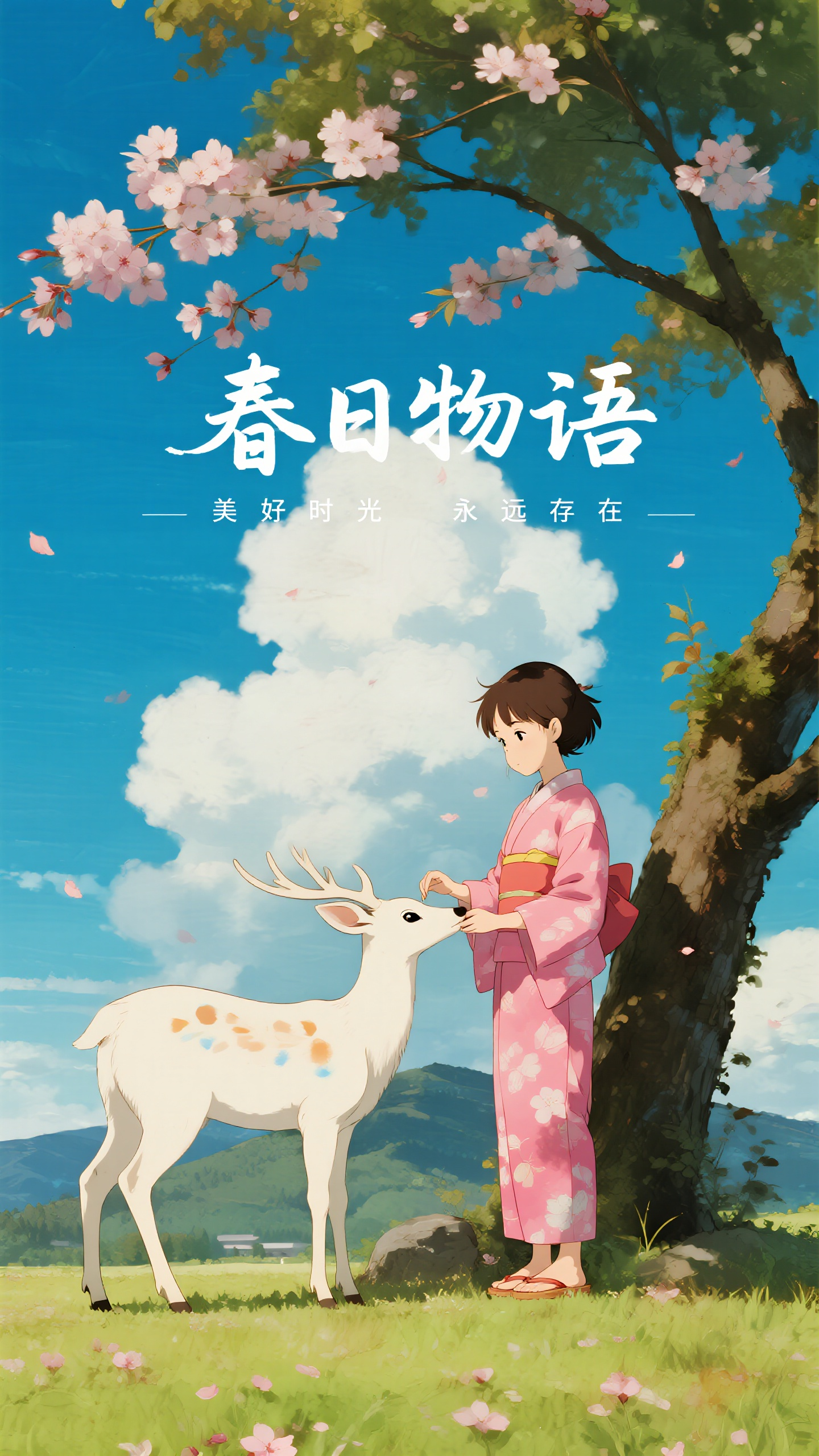 插画海报,日式插画海报,宫崎骏风格,标题"春日物语"手写日文风艺术字体居中上方,少女穿粉色和服在樱花树下喂食白色小鹿,蓝天白云如棉花糖般柔软,远山层叠如黛,樱花瓣飞舞,温暖阳光透过枝叶,水彩渲染质感,治愈系暖色调,底部小字"美好时光永远存在",梦幻唯美氛围