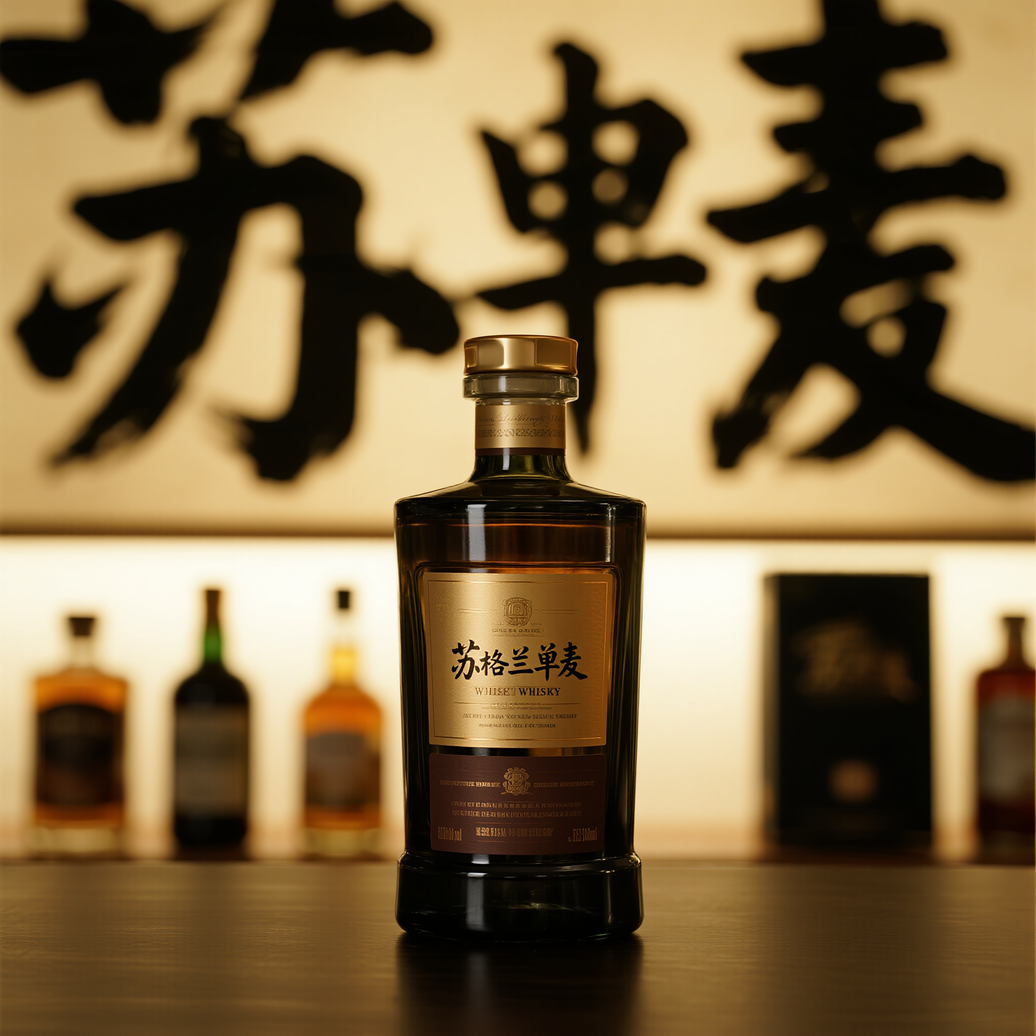 酒电商主图,高档威士忌酒瓶,苏格兰单麦,深色玻璃瓶身,金色标签,酒标正面朝向,垂直居中摆放,背光透射效果,琥珀色液体,成熟品味象征,酒类电商专业摄影