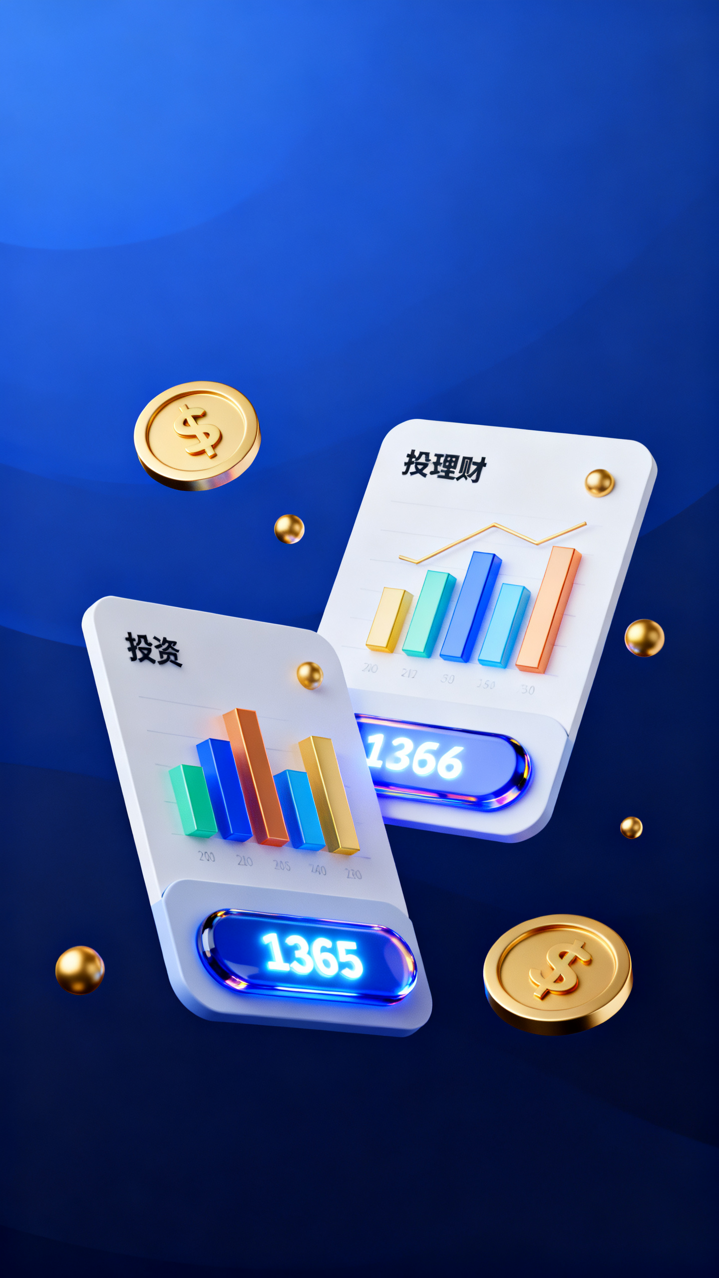 C4D手机APPUI设计效果图,金融理财APP界面设计,C4D立体风格,深蓝色渐变背景,3D金币和图表元素漂浮,投资数据以立体卡片形式呈现,金色点缀色彩,圆角矩形按钮带有光泽质感,数字显示采用发光效果,专业商务氛围,现代极简布局