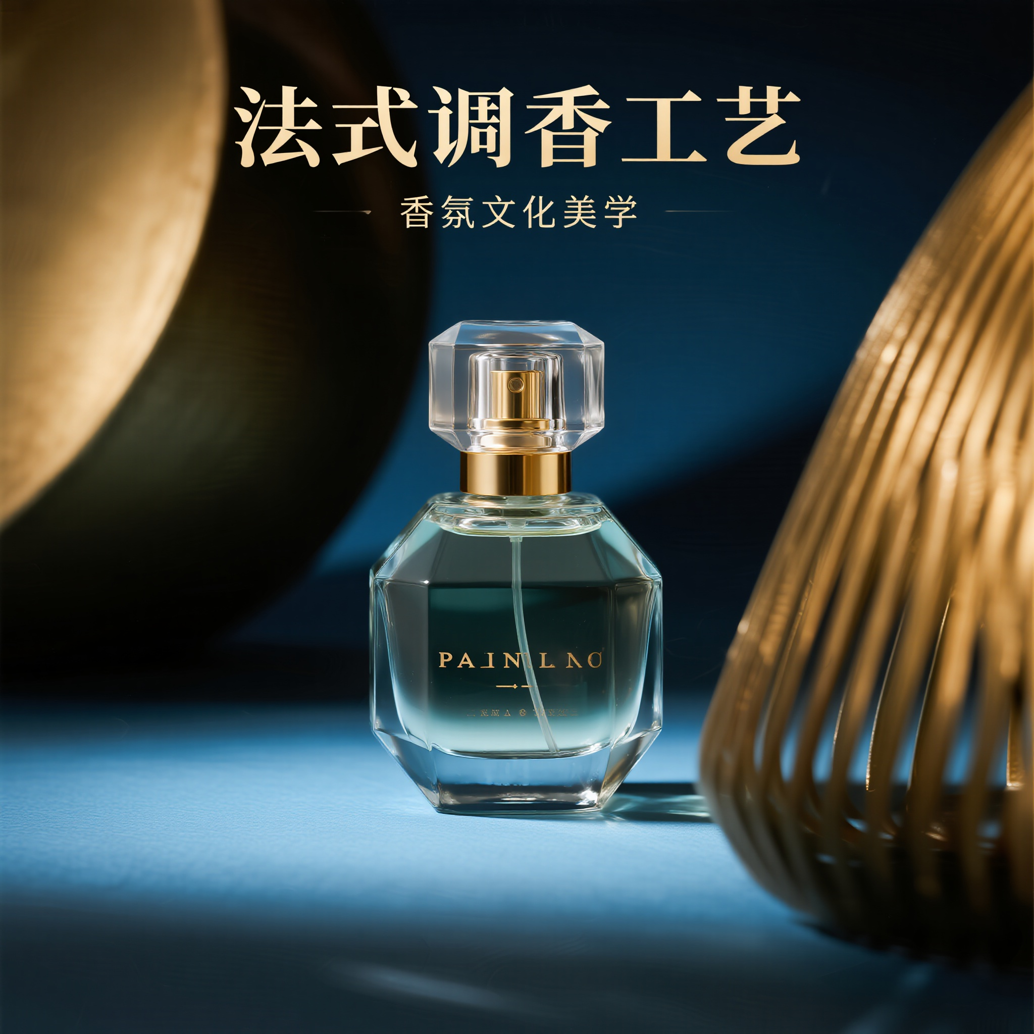 香水瓶电商主图,轻奢香水瓶,法式调香工艺,水晶切面设计,金色喷头,香水瓶正面展示,居中优雅摆放,奢华品牌气质,香氛文化美学,个人护理电商