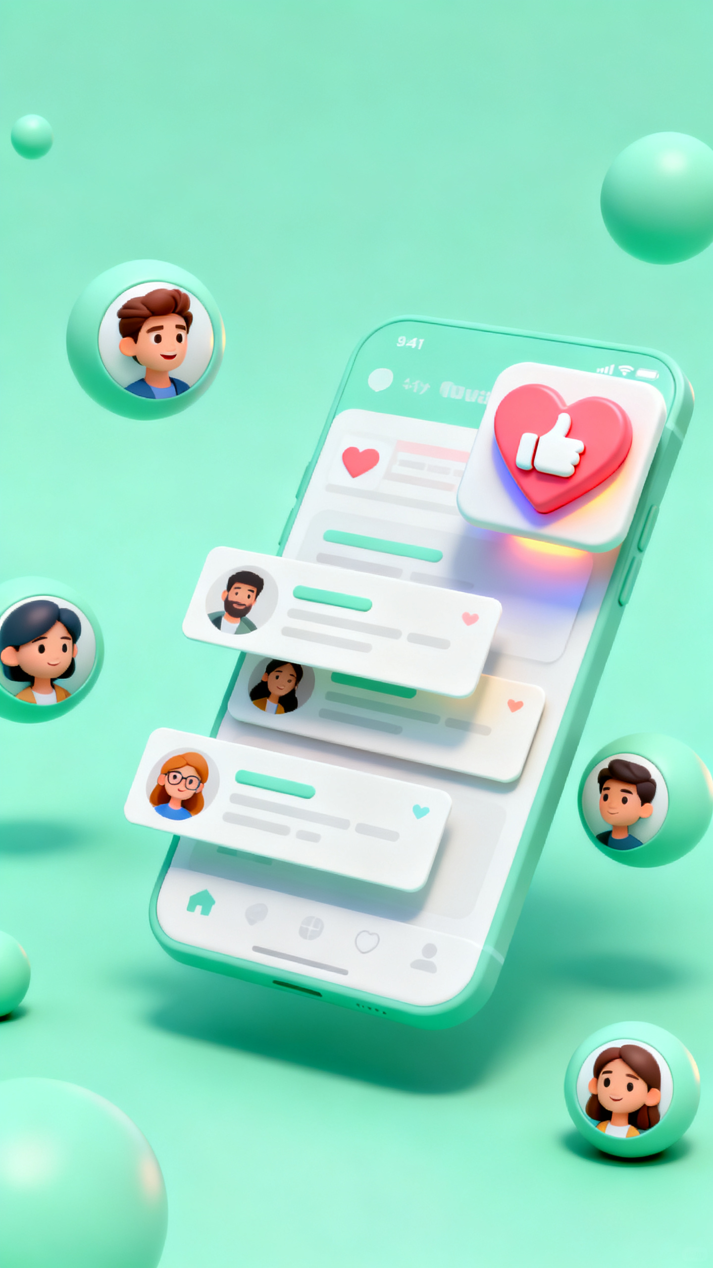 C4D手机APPUI设计效果图,社交媒体APP主界面,C4D渲染风格,清新薄荷绿背景,用户头像以3D圆球形式排列,动态消息卡片层叠浮动效果,点赞按钮采用心形立体设计,柔和投影和高光,年轻活力的视觉语言,流畅的交互体验