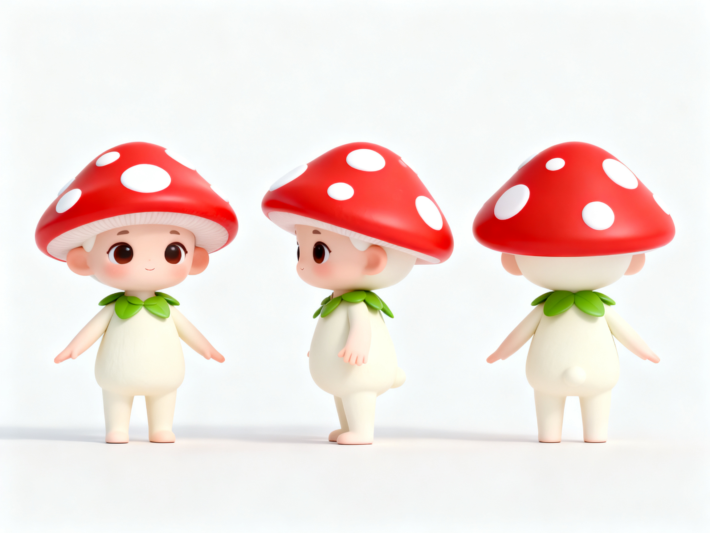 蘑菇IP形象,蘑菇精灵IP角色,Q版2.5头身设计,红色蘑菇帽白色斑点,奶白色身体,绿色小叶子装饰,细长手臂腿部,天真无邪表情,Cinema 4D精细建模,OC渲染器处理,微距摄影视角,纯净白背景,正面侧面背面三角度并列呈现,森系自然风格,童话感十足