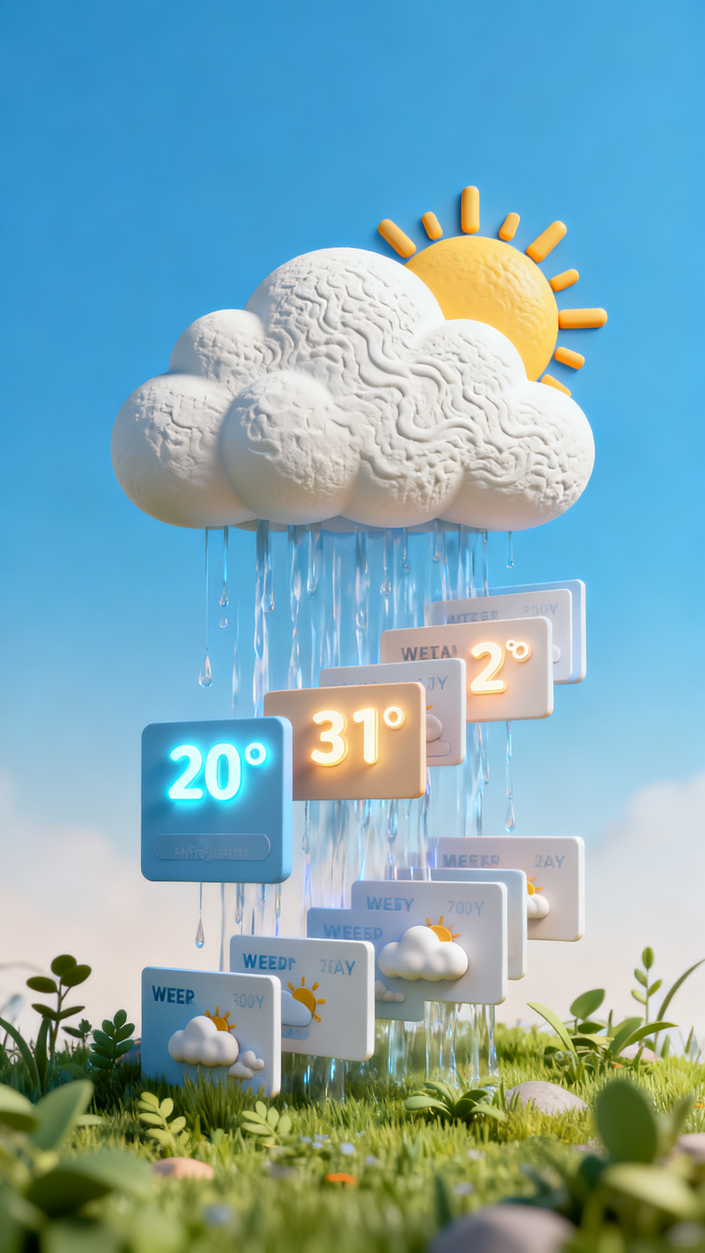 C4D手机APPUI设计效果图,天气预报APP界面,C4D三维风格,天空蓝色渐变背景,天气图标采用3D立体建模,云朵和太阳呈浮雕效果,温度数字具有发光材质,一周天气以立体卡片瀑布流展示,自然清新的视觉感受,科技与自然结合