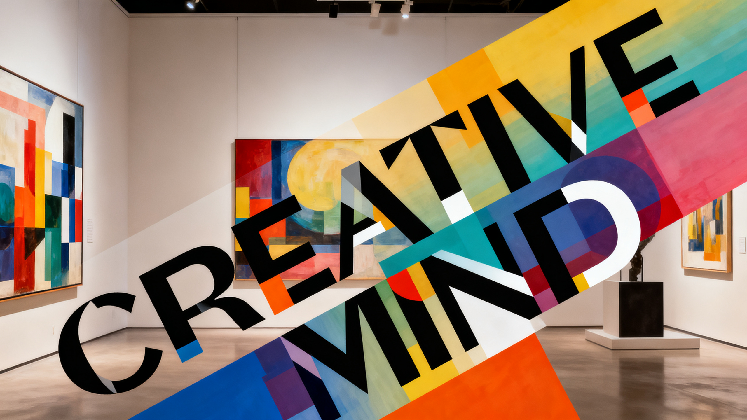 视觉设计师作品集,创意设计师作品集,前卫排版实验,标题"CREATIVE MIND"解构主义字体设计,对角线构图,背景融入抽象艺术元素,色彩渐变与几何形状,现代主义美学,包豪斯学派影响,先锋派设计语言,艺术画廊级别,视觉冲击力强