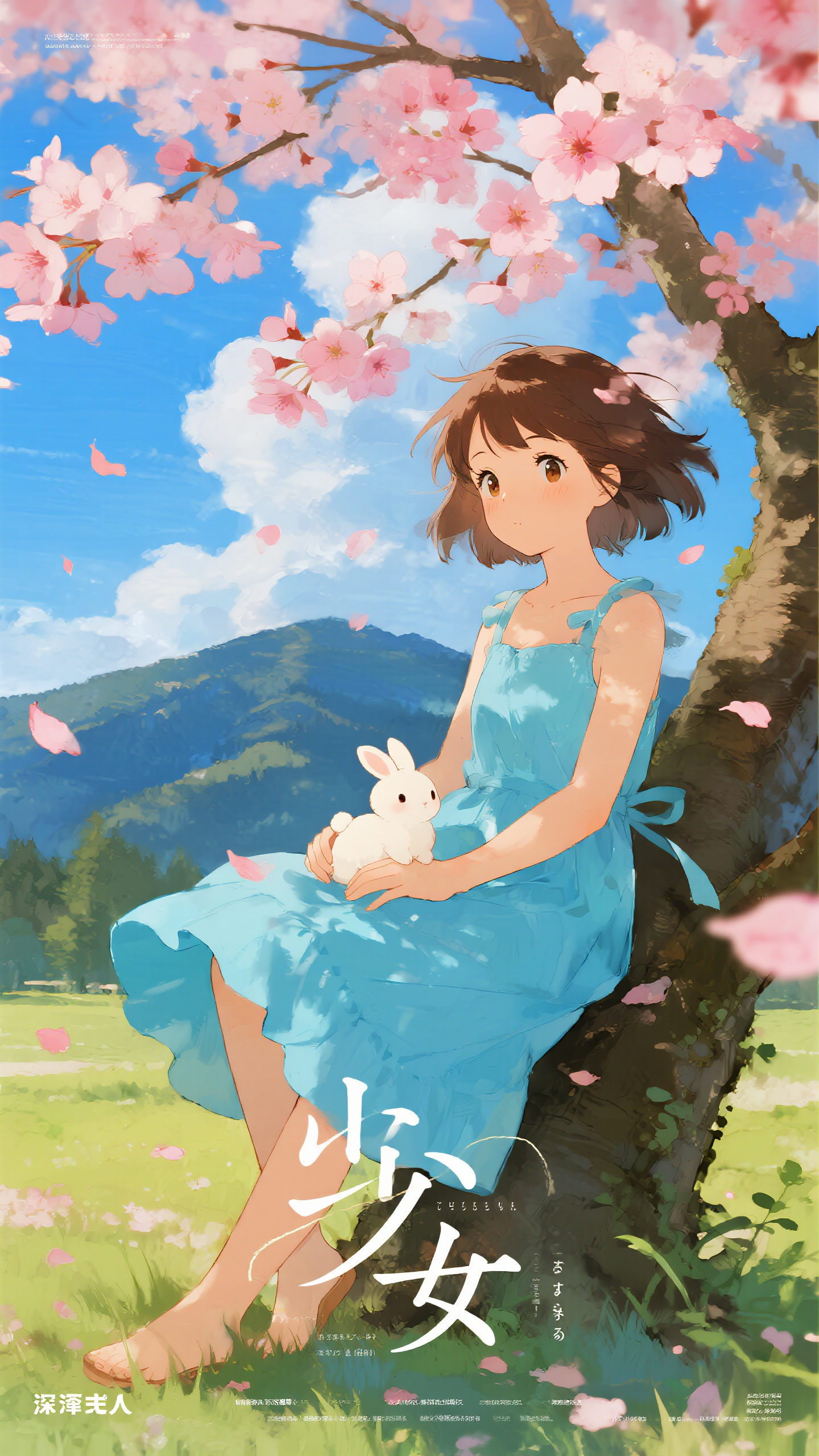 插画海报,日式插画海报,宫崎骏风格,温馨治愈系画风,少女穿着淡蓝色连衣裙坐在樱花树下,白色小兔子依偎身旁,远山如黛蓝天白云飘逸,粉色樱花瓣飞舞,柔和阳光透过枝叶洒下,水彩质感,暖色调,梦幻唯美氛围,大师级手绘细节