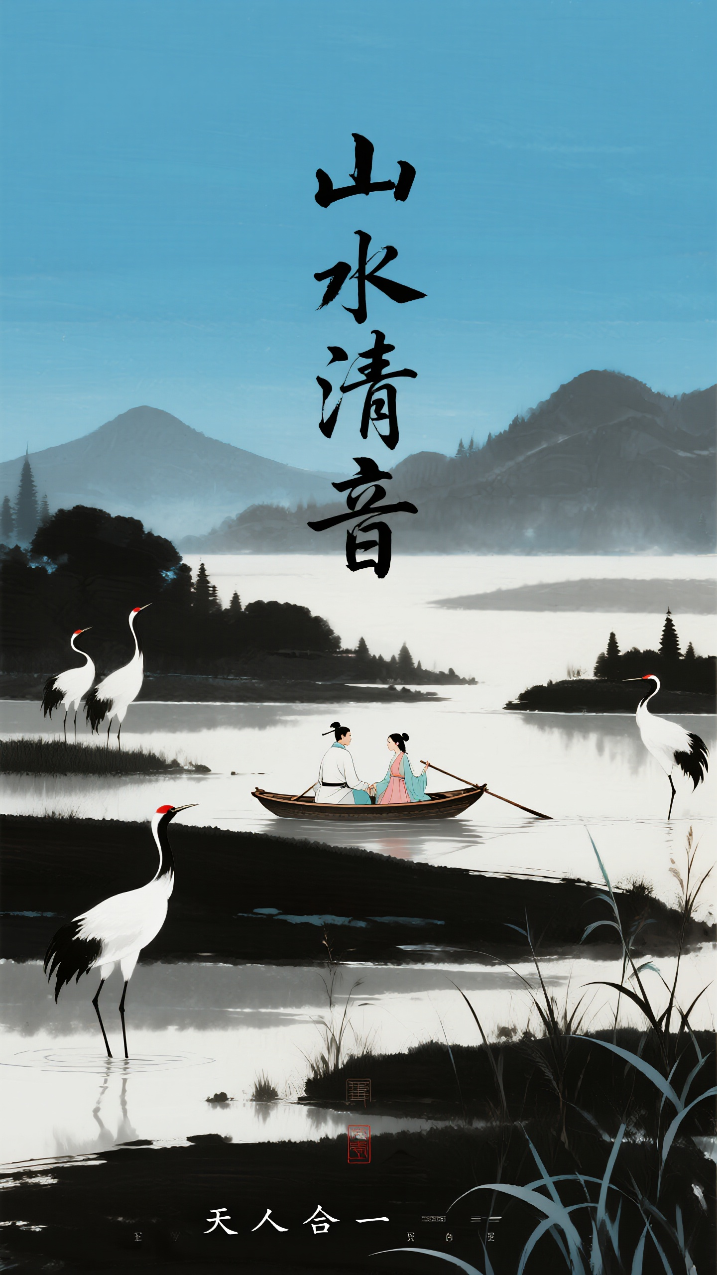 插画海报,中式水墨插画海报,写意山水风格,标题"山水清音"行草书法艺术字居中,书生与仕女泛舟西湖,丹顶鹤立于芦苇间,远山层叠蓝天留白,水墨渲染技法表现,黑白灰层次丰富,淡彩轻染,底部"天人合一"篆书印章,禅意空灵意境