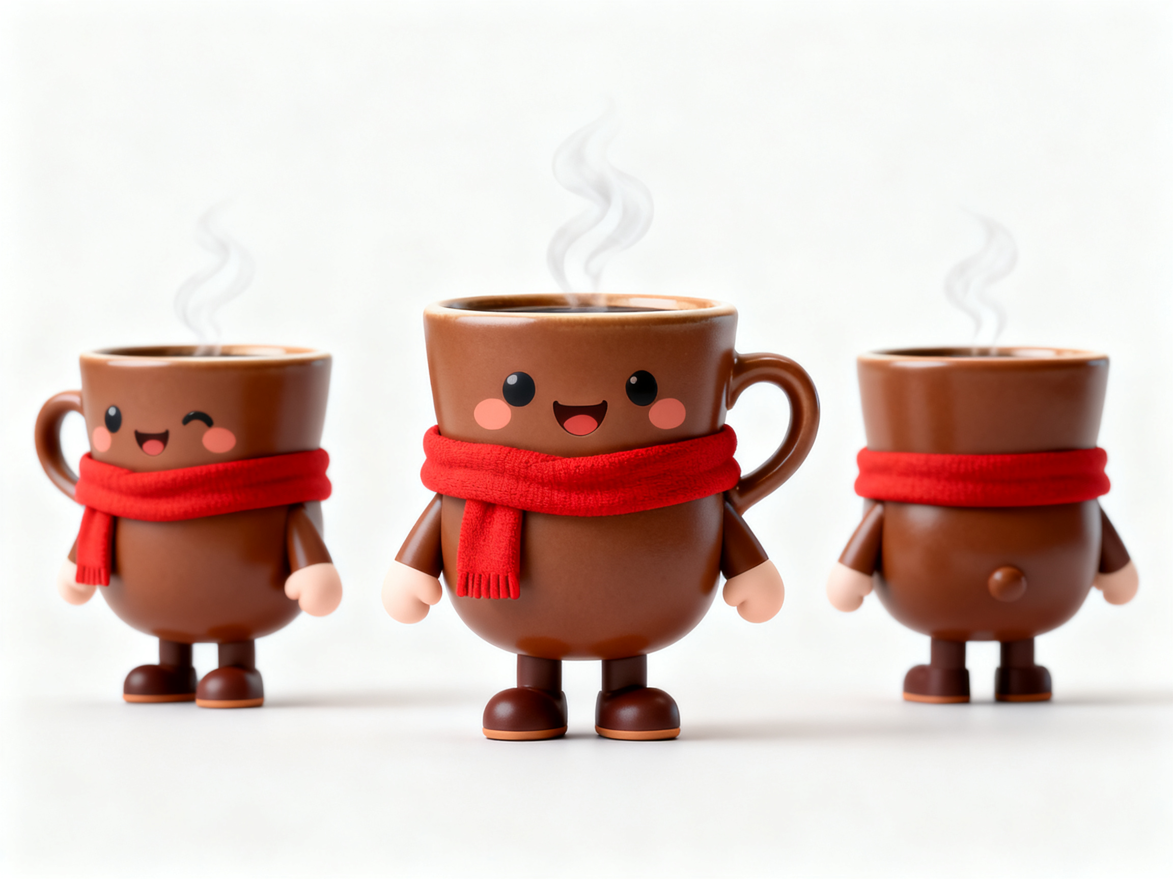咖啡杯IP形象,咖啡杯拟人IP角色,Q版短身材2.5头身,棕色陶瓷材质圆润身体,红色围巾装饰,小手小脚,笑眯眯表情冒热气,3D卡通建模,OC高质量渲染,特写景深,白色简洁背景,三个视角正面左侧背面同框展示,温暖色调,亲和可爱气质