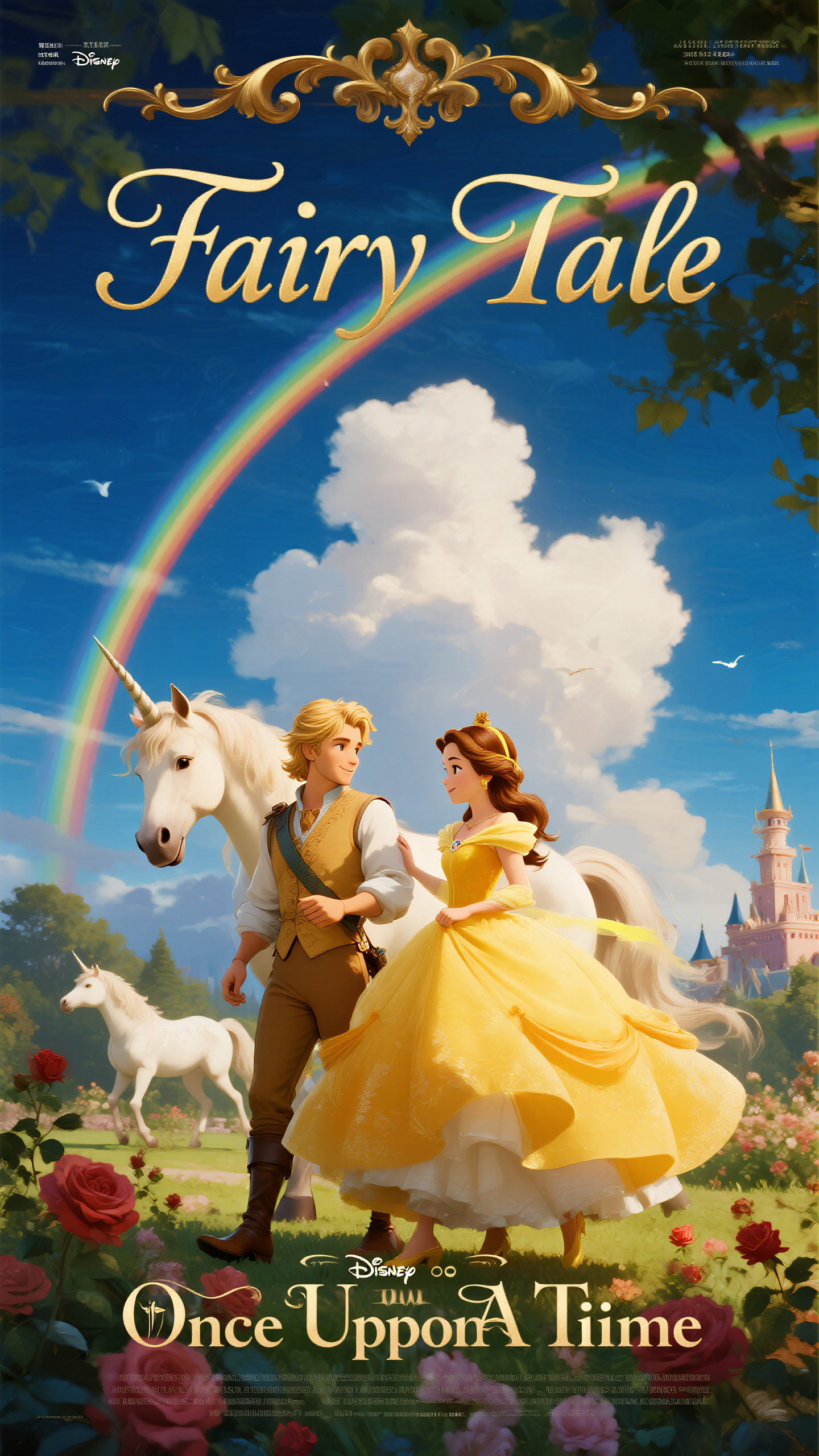 插画海报,欧美童话插画海报,迪士尼风格,标题"Fairy Tale"花体英文艺术字顶部居中,金发公主与王子在城堡花园中漫步,独角兽在身旁嬉戏,蔚蓝天空朵朵白云,彩虹横跨天际,玫瑰花园盛开,油画质感笔触,饱和明亮色彩,底部"Once Upon A Time"装饰字体,童话梦幻意境