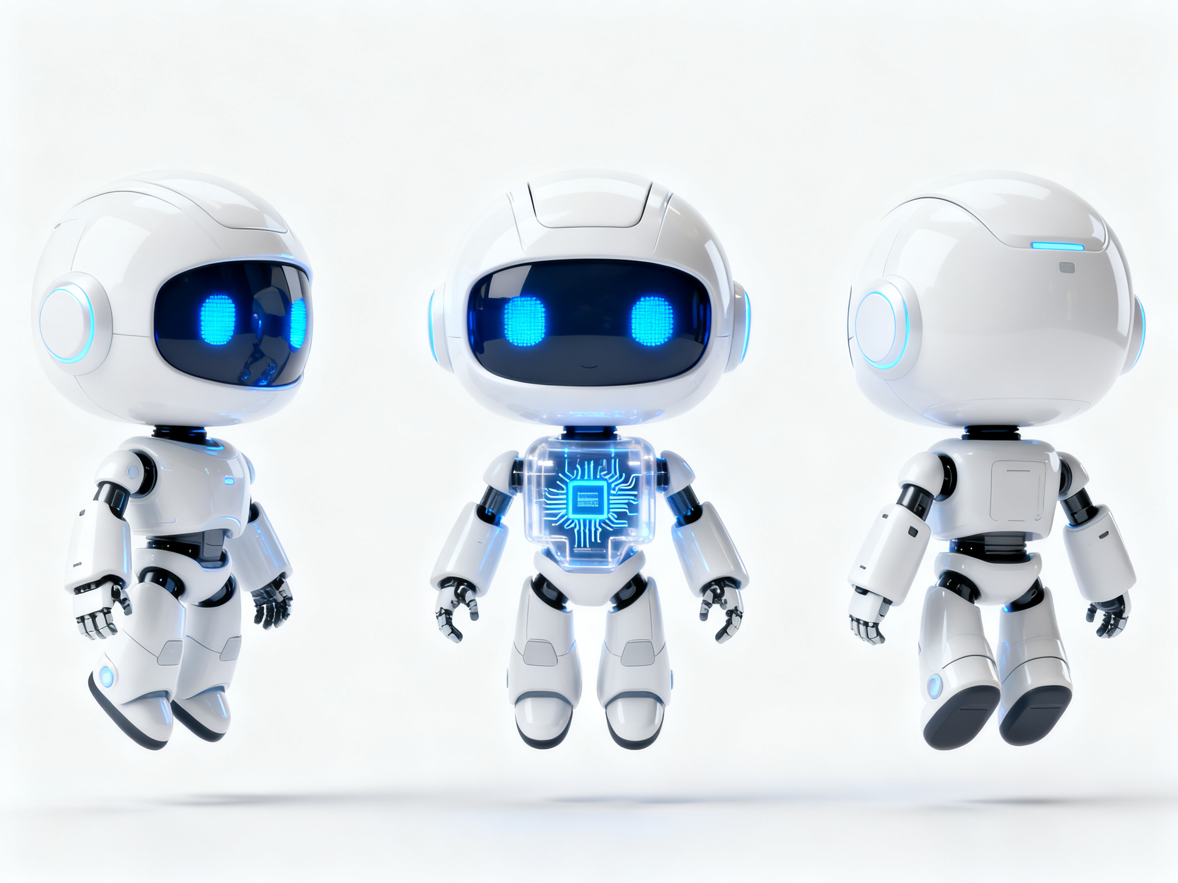 科技机器人IP形象,未来AI机器人IP设计,Q版2.5头身,纯白色流线型外壳,蓝色LED发光眼睛,半透明胸部显示电路板,悬浮姿态,Cinema 4D精密建模,Octane渲染,微距镜头,纯白背景,正视图侧视图背视图三个角度完整呈现在同一画面,科幻材质质感,极简设计美学
