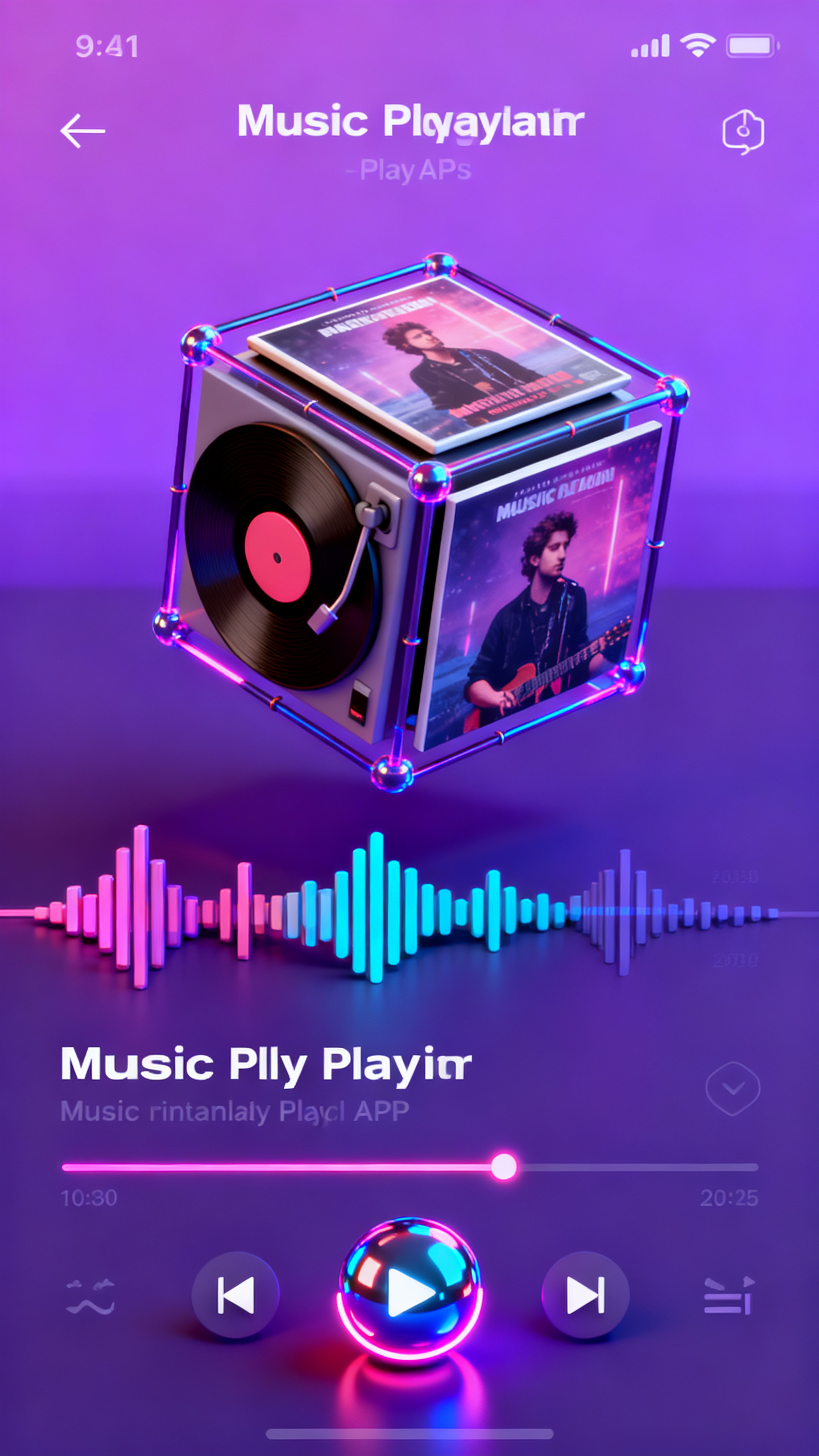C4D手机APPUI设计效果图,音乐播放器APP设计,C4D三维建模风格,紫色渐变背景,专辑封面以3D立方体形式旋转展示,音频波形采用立体可视化效果,播放控制按钮呈球形设计,霓虹色彩点缀,现代字体排版,沉浸式音乐体验界面