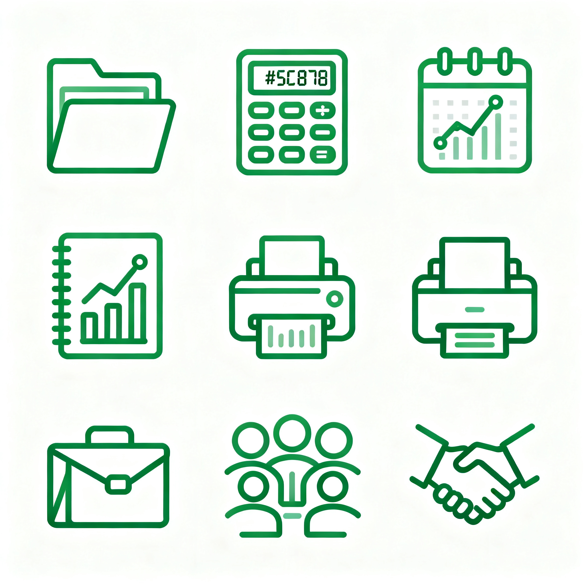 UI面性线性图标,UI线性图标集合,办公商务主题九宫格排列,涵盖文件夹、计算器、日历、图表、笔记本、打印机、邮箱、会议、握手共9个符号,采用清新绿色#50C878色彩方案,3像素线条粗细,圆润端点设计,几何抽象表现,纯净白色底色,商务现代风格