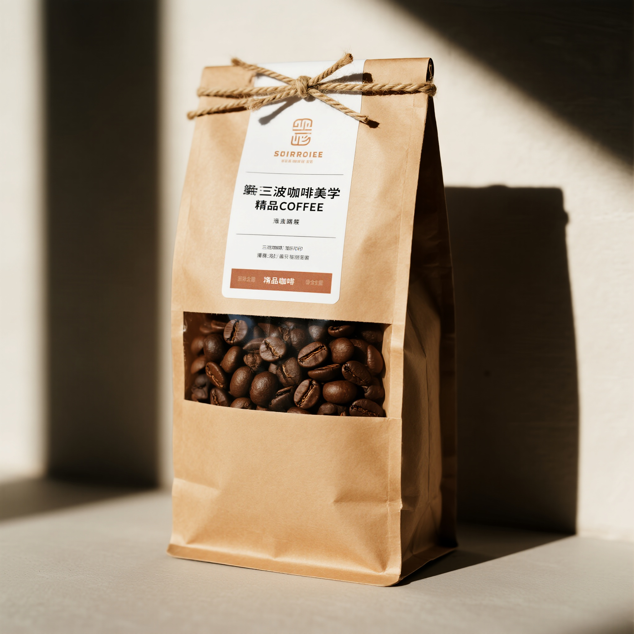 咖啡豆电商主图,精品咖啡包装袋,牛皮纸材质,手工印刷标签,袋装咖啡豆,正面标签展示,画面中央摆放,温馨自然光线,文艺咖啡文化,食品包装电商,第三波咖啡美学