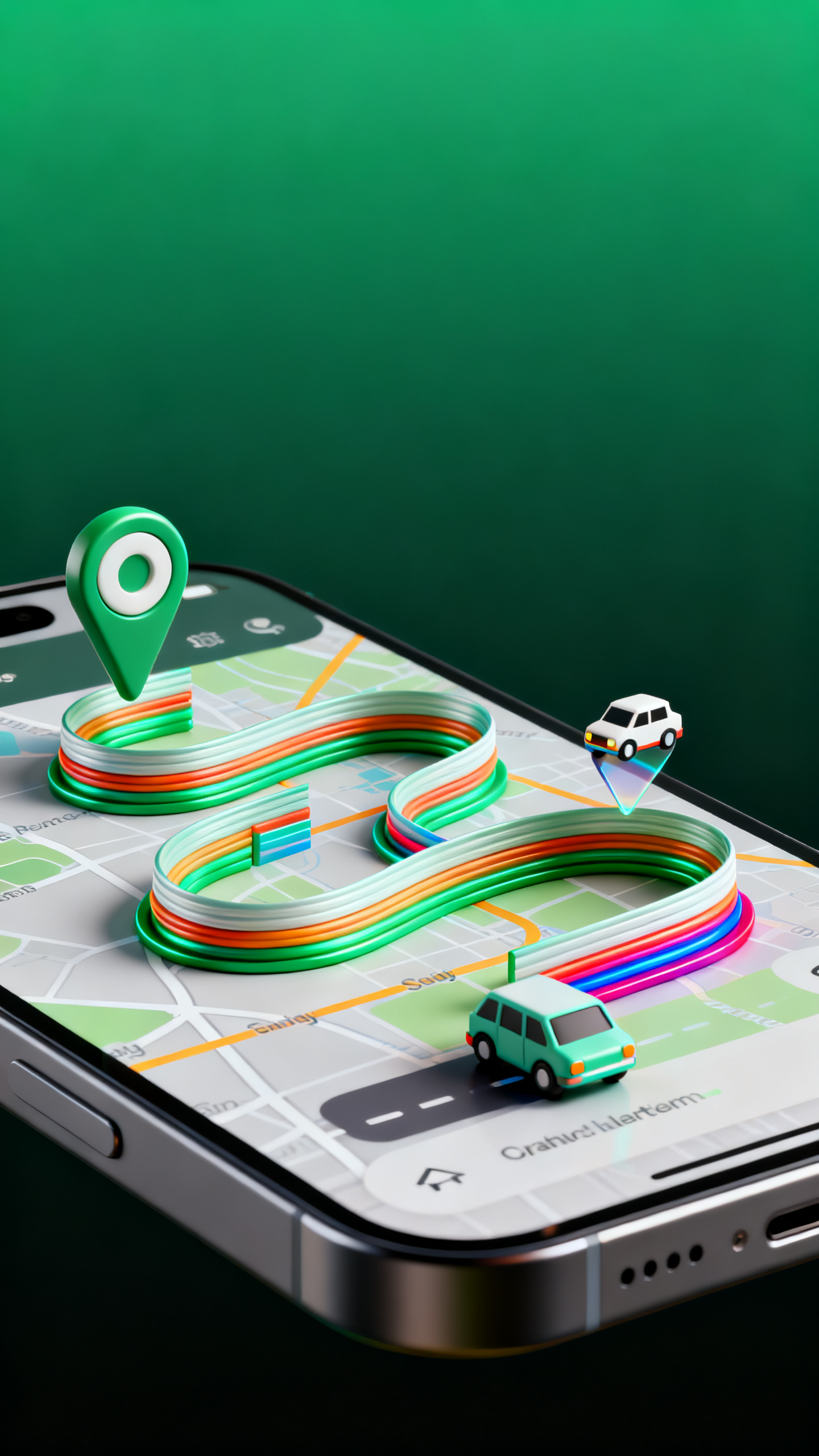 C4D手机APPUI设计效果图,出行导航APP地图界面,C4D三维建模,深绿色渐变背景,地图路线以立体丝带形式蜿蜒展示,位置标记采用3D图钉设计,交通工具图标呈现悬浮效果,路况信息用彩色立体条带表示,科技导航美学,精准可靠感