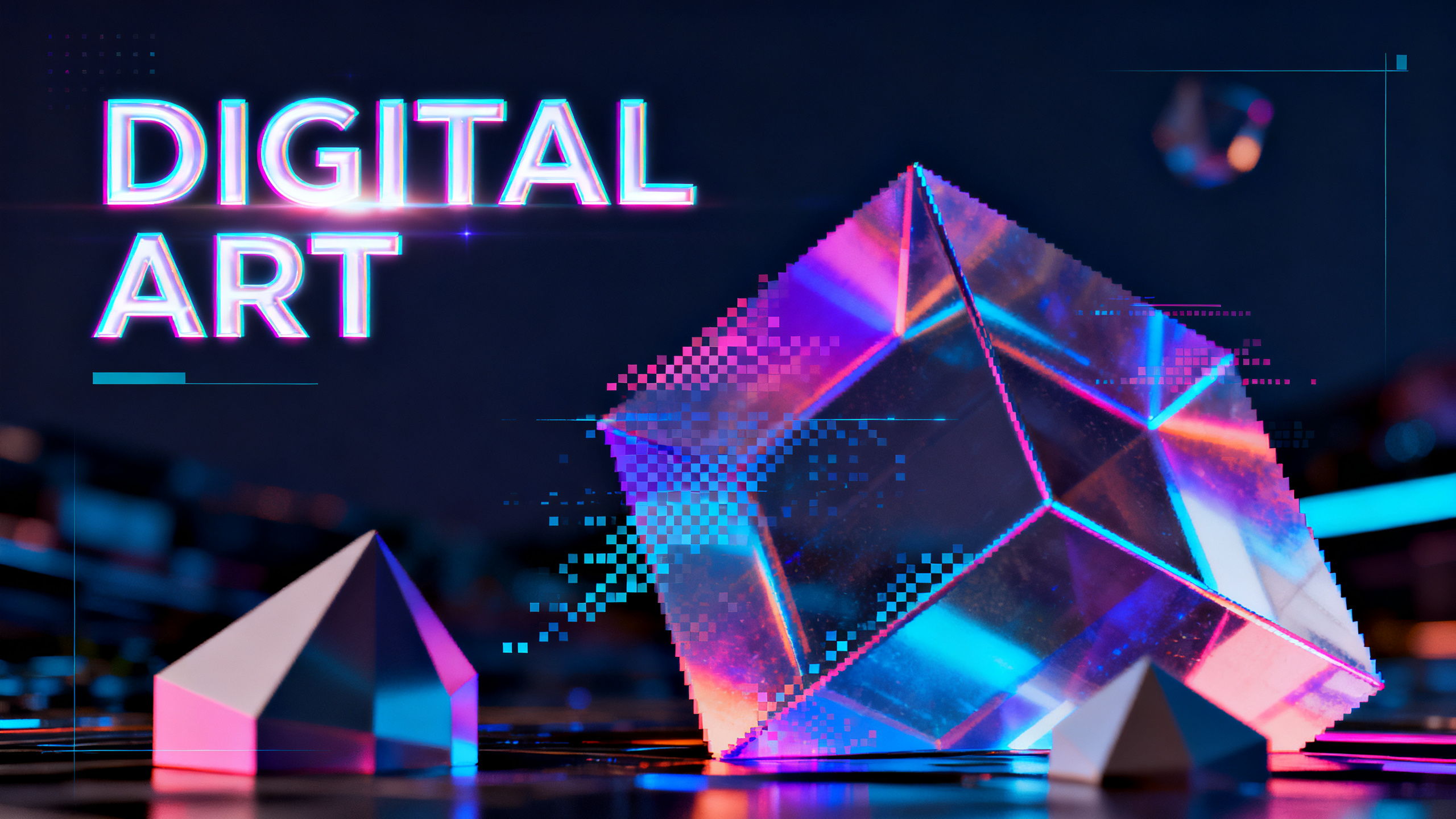 视觉设计师作品集,数字艺术作品集,未来主义排版,标题"DIGITAL ART"科技感字体设计,全息效果文字,左上角构图,配抽象3D几何体,霓虹色彩光效,赛博朋克美学元素,前沿数字艺术风格,像素完美排版,新媒体艺术表达,先锋设计师水准