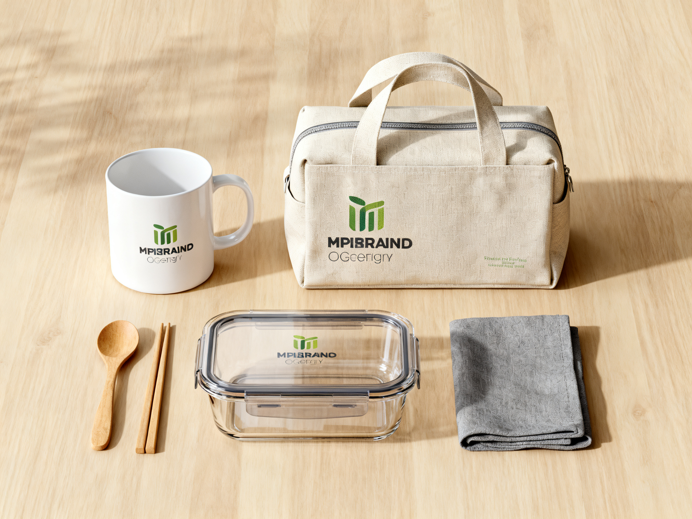 品牌餐具样机包装,品牌样机包装设计,C4D建模,OC渲染,写实风格,画风细腻,白色马克杯,透明玻璃饭盒,木质筷子勺子,灰色抹布,帆布收纳手提包,浅木色桌面依次排开,柔和自然光照,简约北欧风格,产品摄影质感,高清细节表现