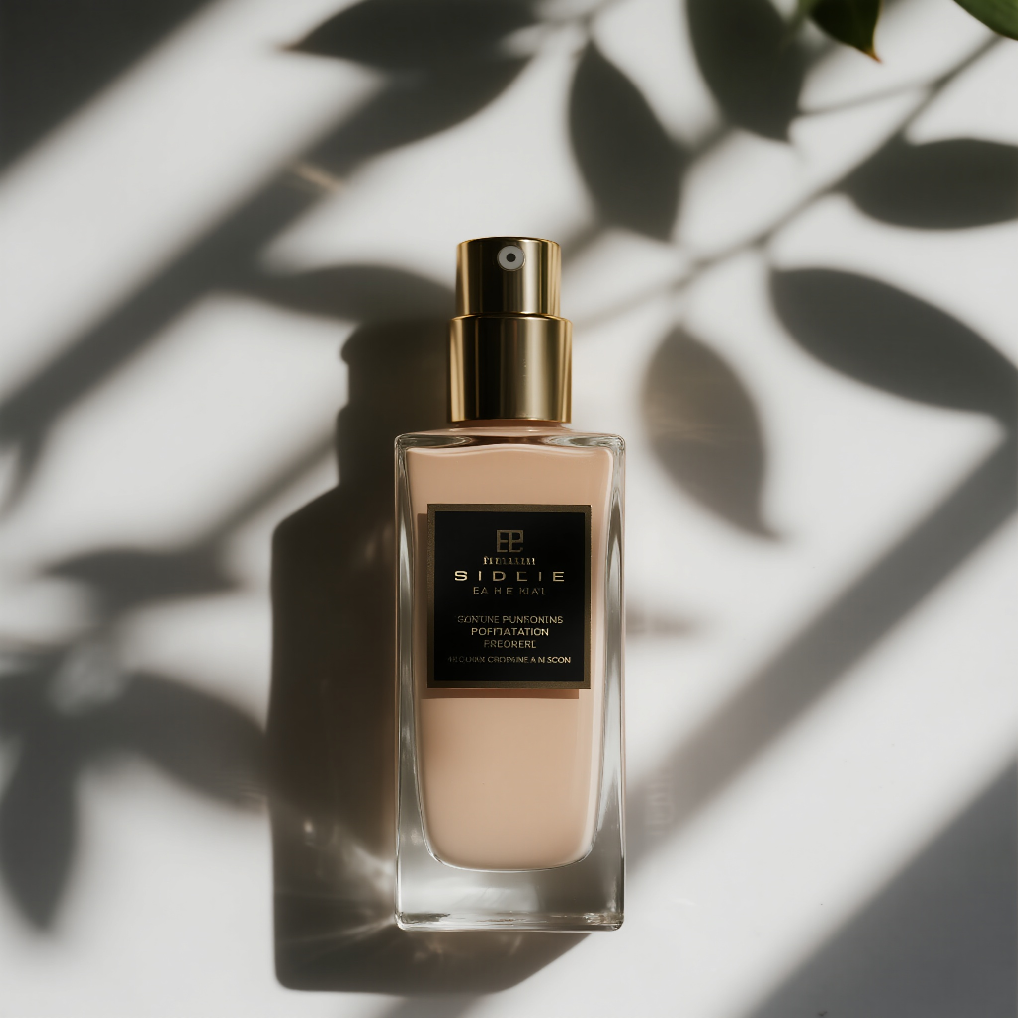 粉底液电商主图,高档化妆品粉底液,玻璃瓶身设计,金色泵头,产品标签清晰,瓶身正面展示,画面正中央位置,均匀散射光源,透明材质折射,白色简约背景,美妆护肤电商标准