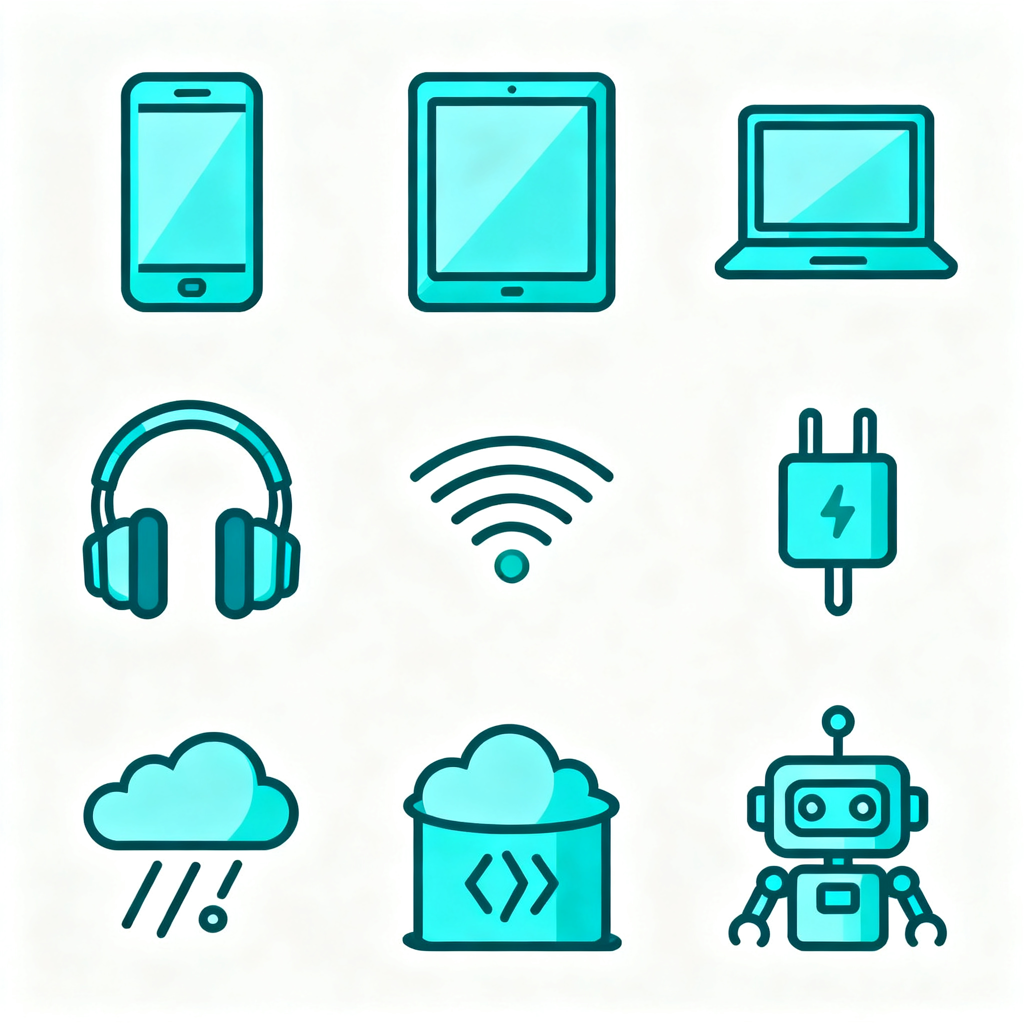 UI面性线性图标,科技数码主题UI图标,九宫格精确布局,智能手机、平板电脑、笔记本、耳机、充电器、WiFi信号、云存储、代码符号、机器人共9个科技元素,现代青色#00CED1配色方案,简约几何线条,未来科技感,洁白背景,数字化时代美学