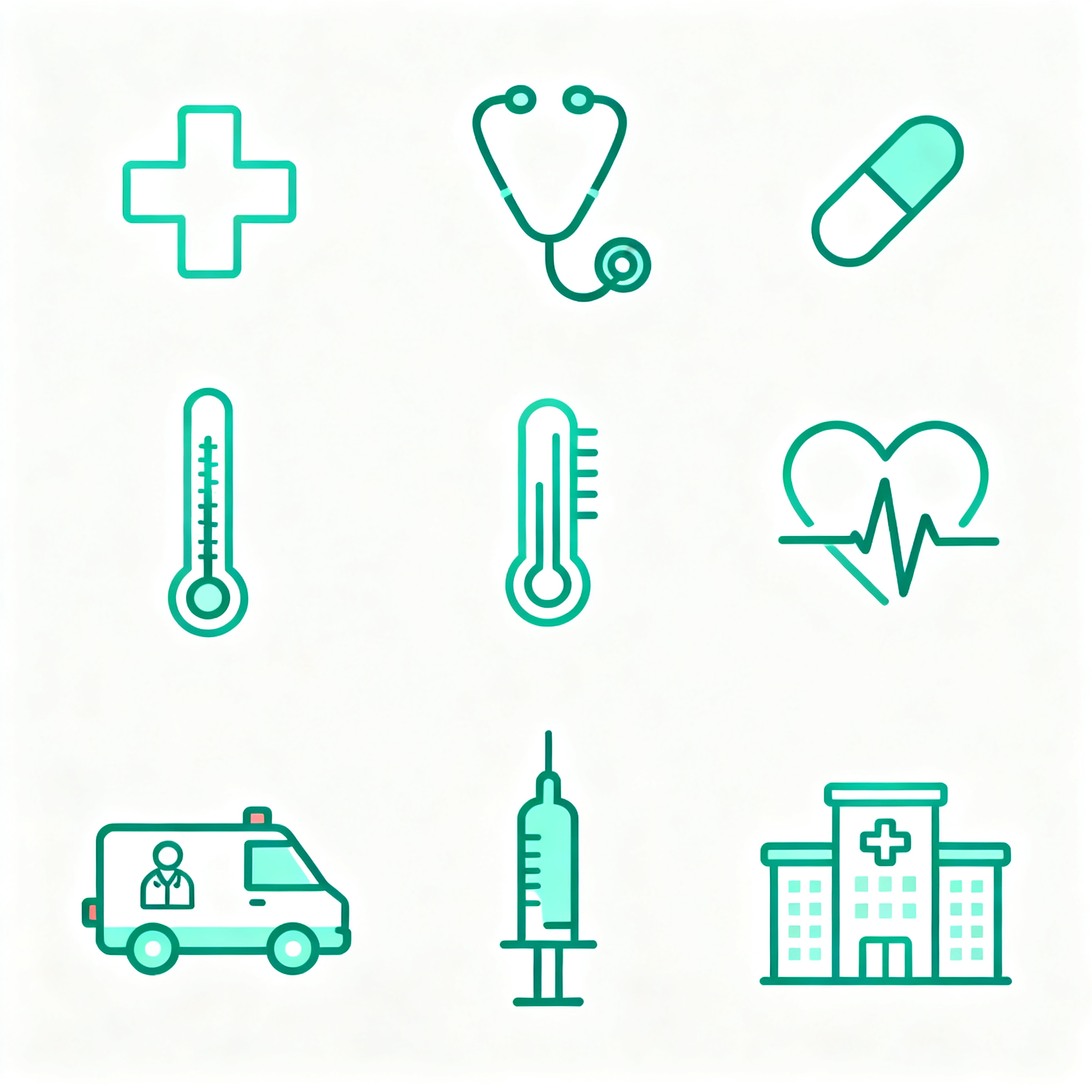 UI面性线性图标,健康医疗UI线性图标组,九宫格标准排版,医疗十字、听诊器、药丸胶囊、体温计、心电图、救护车、医生、注射器、医院建筑共9个医疗符号,清爽薄荷绿#98FB98配色,轻量级线条设计,医疗专业感,纯白底色,卫生简洁风格