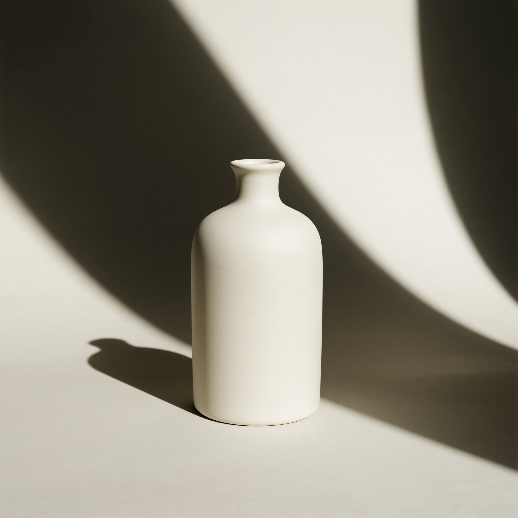 陶瓷瓶电商主图,北欧陶瓷花瓶,白色哑光釉面,简约圆柱造型,瓶口朝上直立,几何美学设计,画面正中心位置,柔和侧光照明,Scandinavian家居风格,生活美学产品
