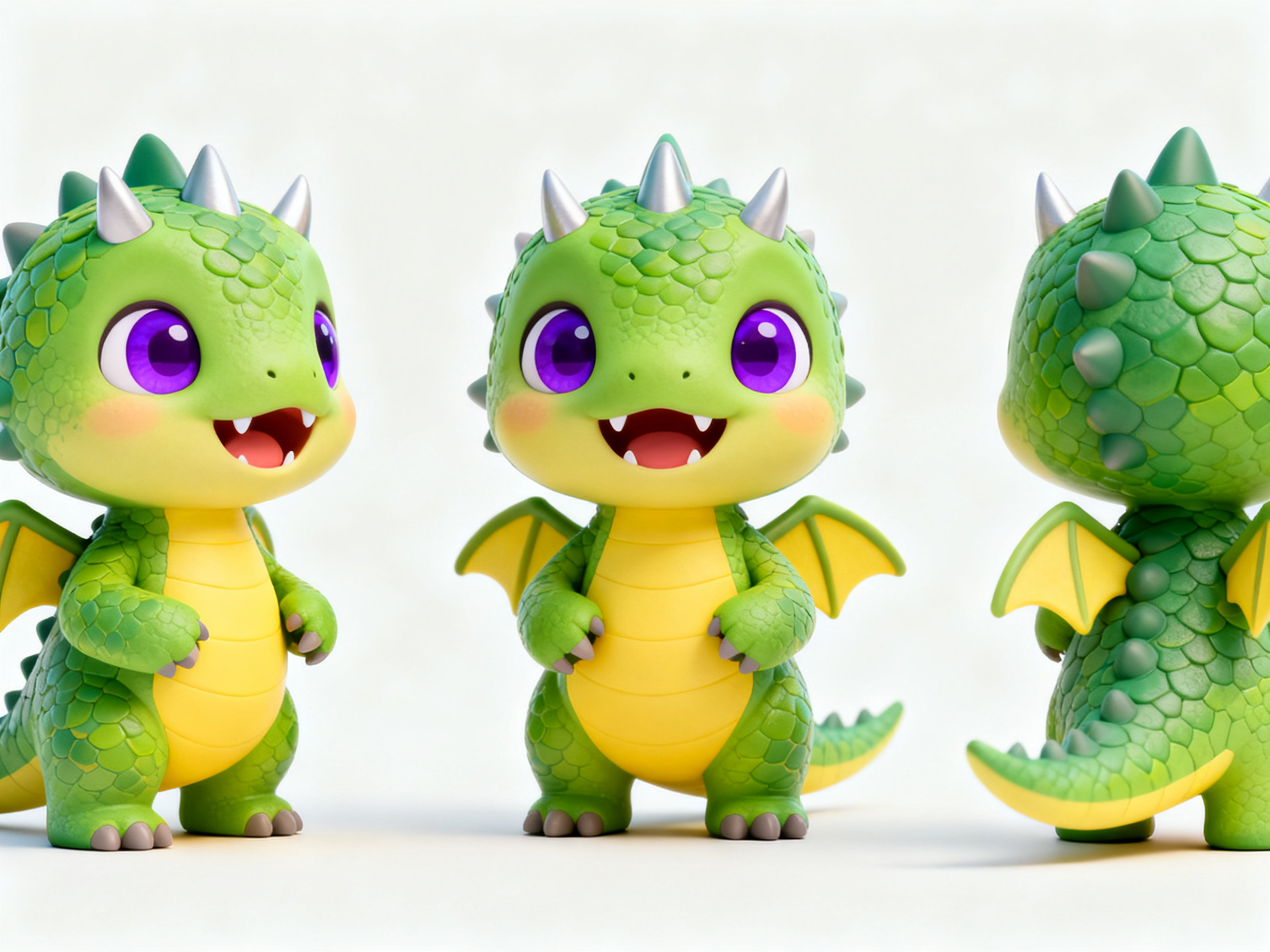 恐龙IP形象,Q版小恐龙IP角色,2.5头身萌化比例,绿色鳞片身体黄色肚皮,小小的翅膀和尖角,紫色眼睛炯炯有神,张开嘴巴露小牙,C4D卡通建模,OC渲染技术,浅景深拍摄,简洁白色背景,前后左三个视角完整出现在画面,史前风格现代化,憨态可掬
