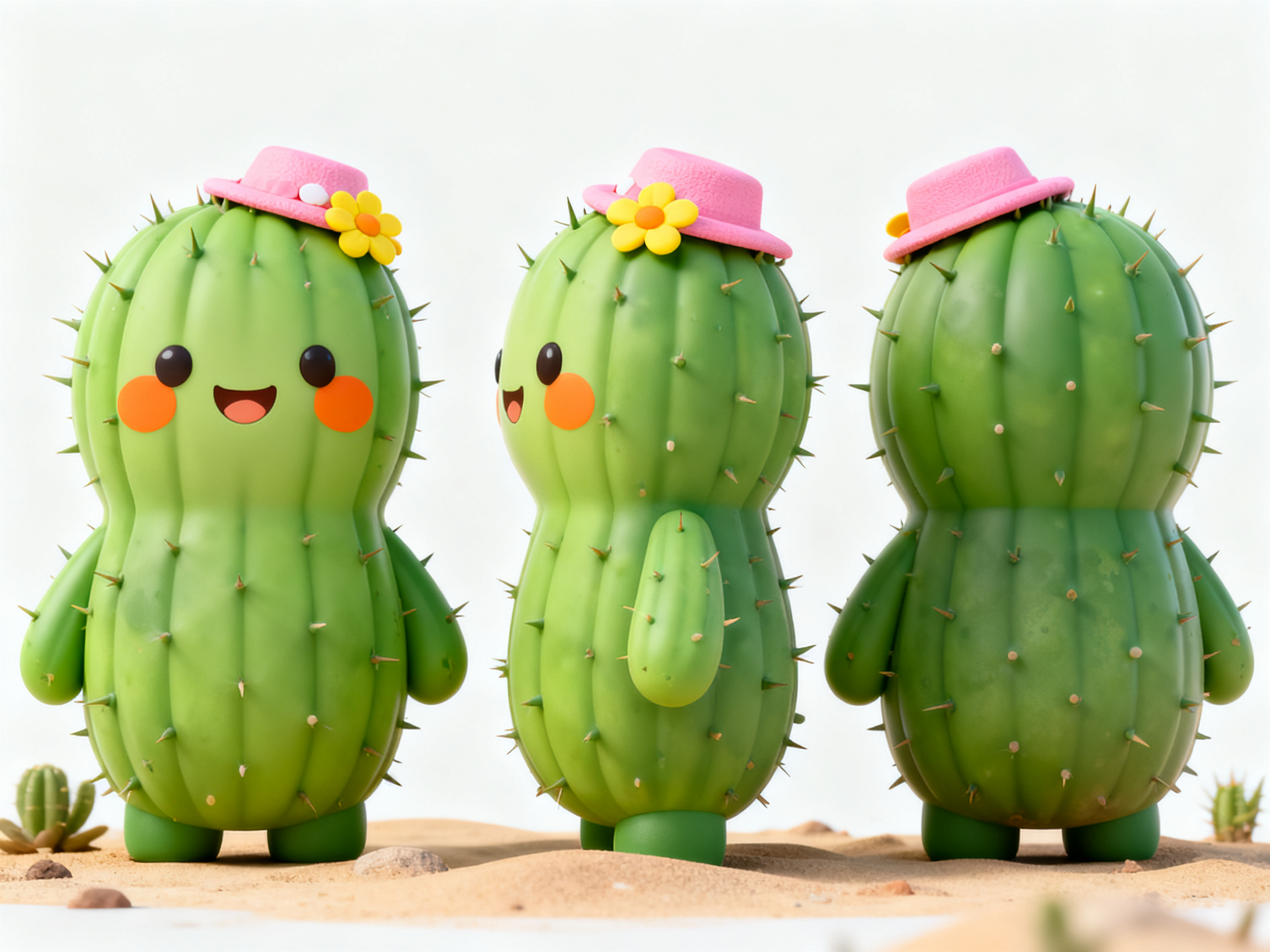 仙人掌IP形象,Q版仙人掌小伙伴IP设计,2.5头身可爱比例,翠绿色圆胖身体带小刺纹理,头戴粉色小花帽,黄色小花朵装饰,橙色脸颊腮红,温暖笑容,Cinema 4D卡通建模,Octane渲染技术,近距离拍摄,纯白色背景,正面侧面背面三视图完整同时呈现在画面中,沙漠植物主题,治愈系绿色调