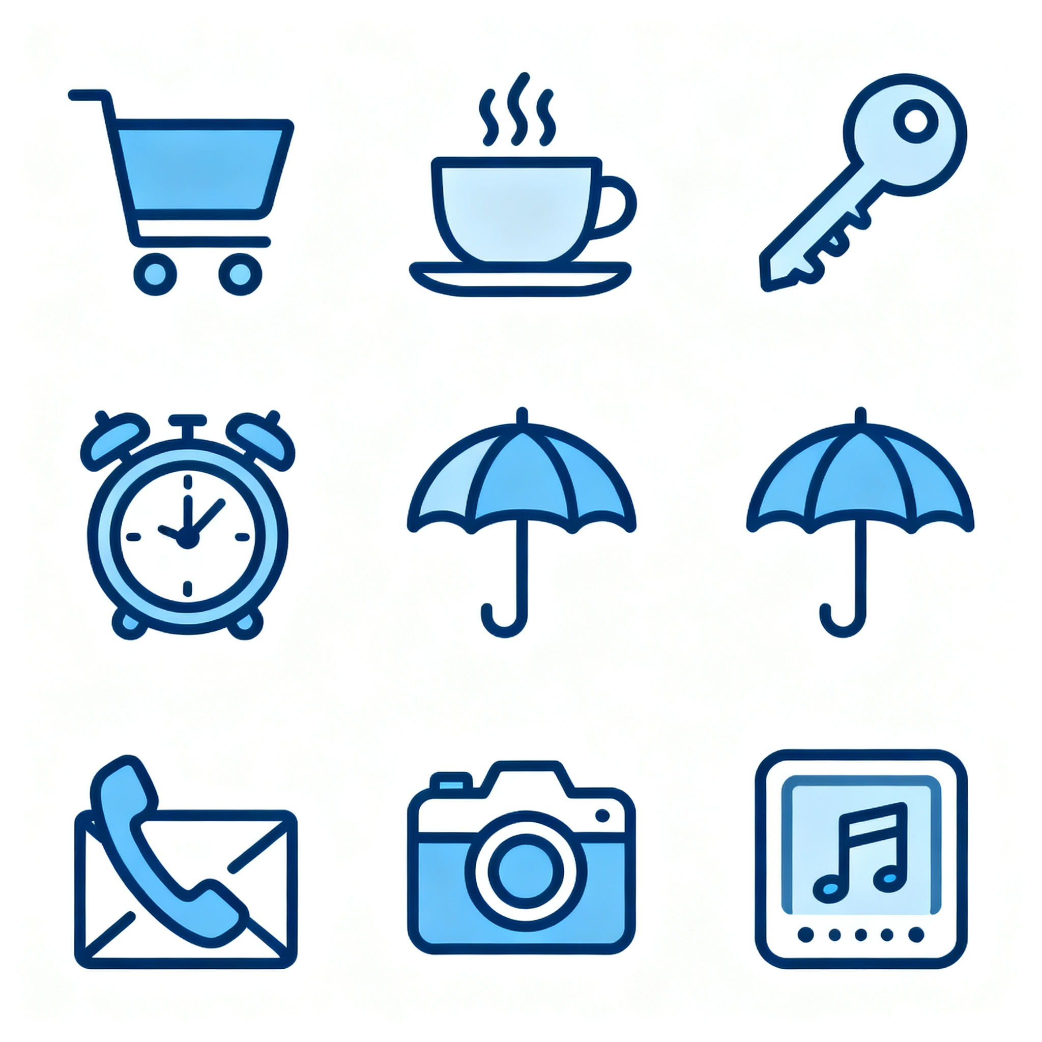 UI面性线性图标,UI线性图标设计,生活服务主题九宫格布局,包含购物车、咖啡杯、钥匙、闹钟、雨伞、电话、邮件、相机、音乐播放器共9个图标,每个图标采用2像素粗细线条勾勒,柔和蓝色调#4A90E2填充,简洁几何造型,统一圆角处理,纯白色背景,扁平化设计风格,现代极简美学