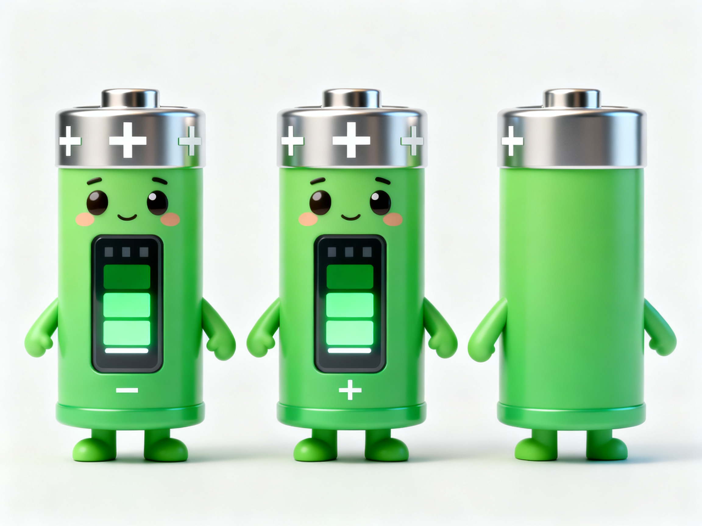电池IP形象,电池宝宝IP设计,Q版2.5头身萌系,绿色圆柱体身材,顶部金属电极帽子,正负极符号装饰,电量显示屏脸部,短小手脚,充满活力姿态,C4D三维建模,Octane渲染引擎,近距离拍摄,白色简约背景,前视左侧后视三角度完整并列显示,科技绿色环保主题