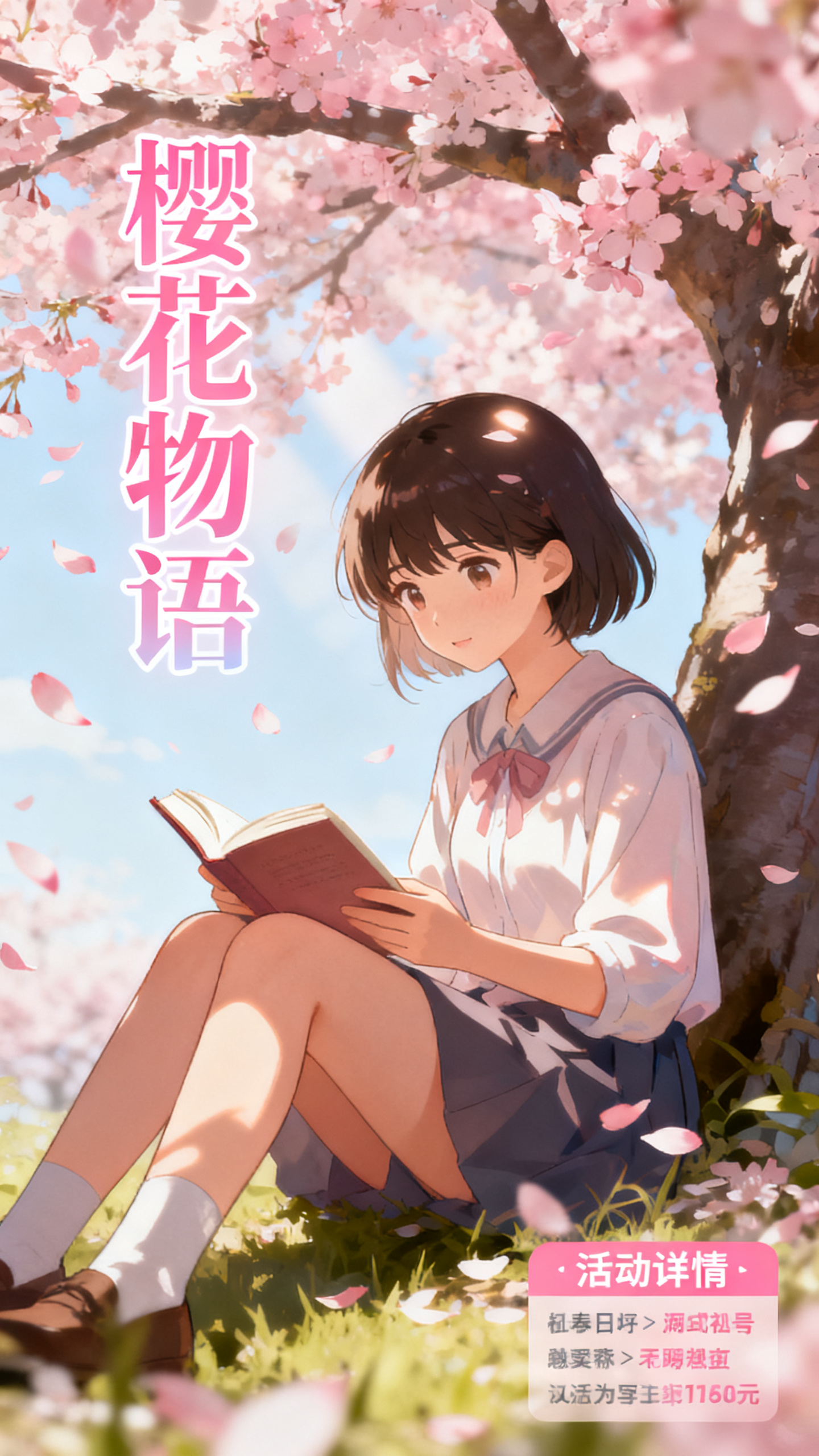 插画海报,插画艺术海报,日式动漫风格,标题"樱花物语"粉色渐变字体,少女在樱花树下读书的温馨场景,粉色花瓣飘散,柔和春日光线,右下角活动详情信息,清新治愈系色调