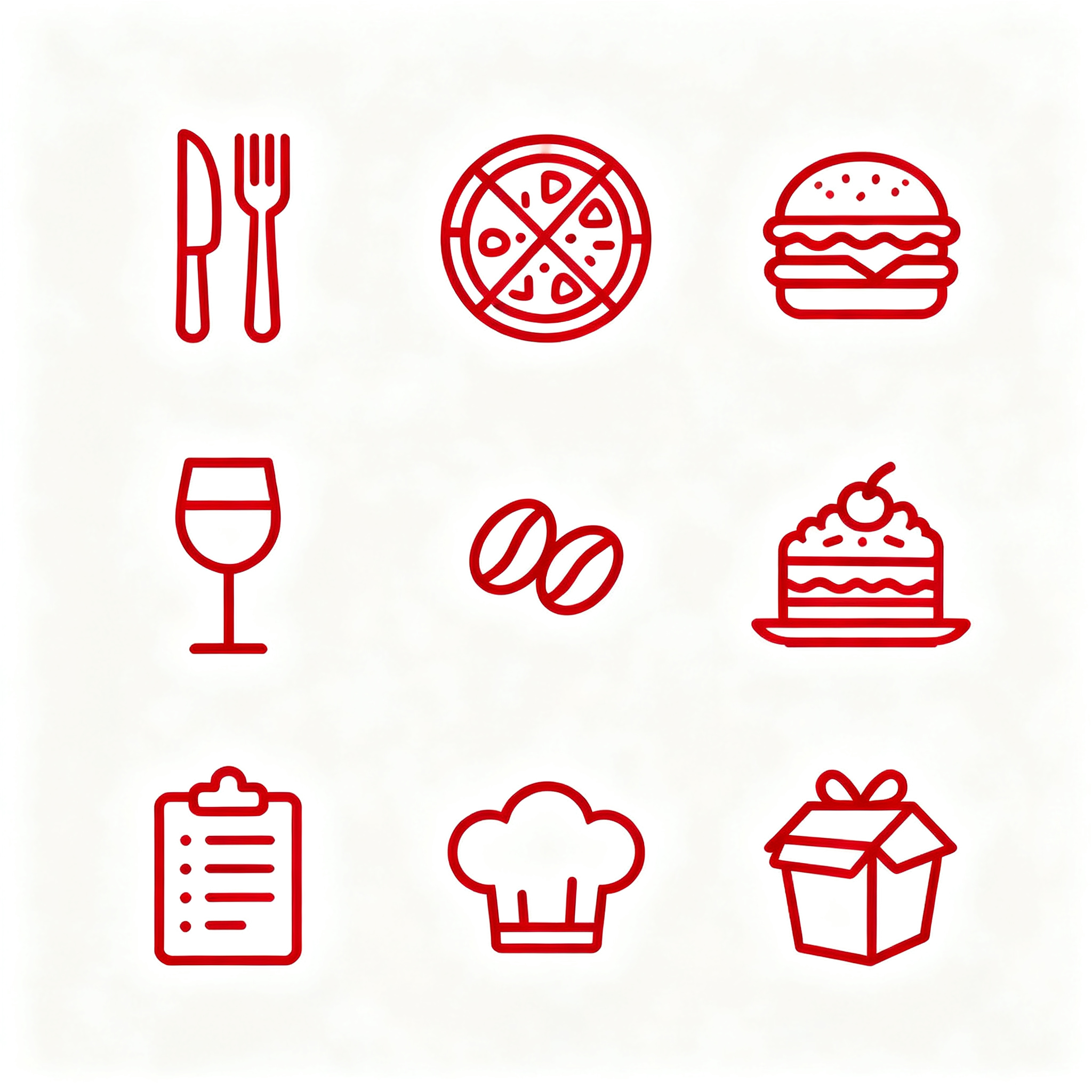 UI面性线性图标,美食餐饮UI线性图标集,九宫格有序排列,刀叉餐具、披萨、汉堡、咖啡豆、葡萄酒杯、蛋糕甜点、厨师帽、菜单、外卖盒子共9个美食图标,诱人红色#DC143C色调,精致线条工艺,美食诱惑设计语言,纯白底面,餐饮品牌风格