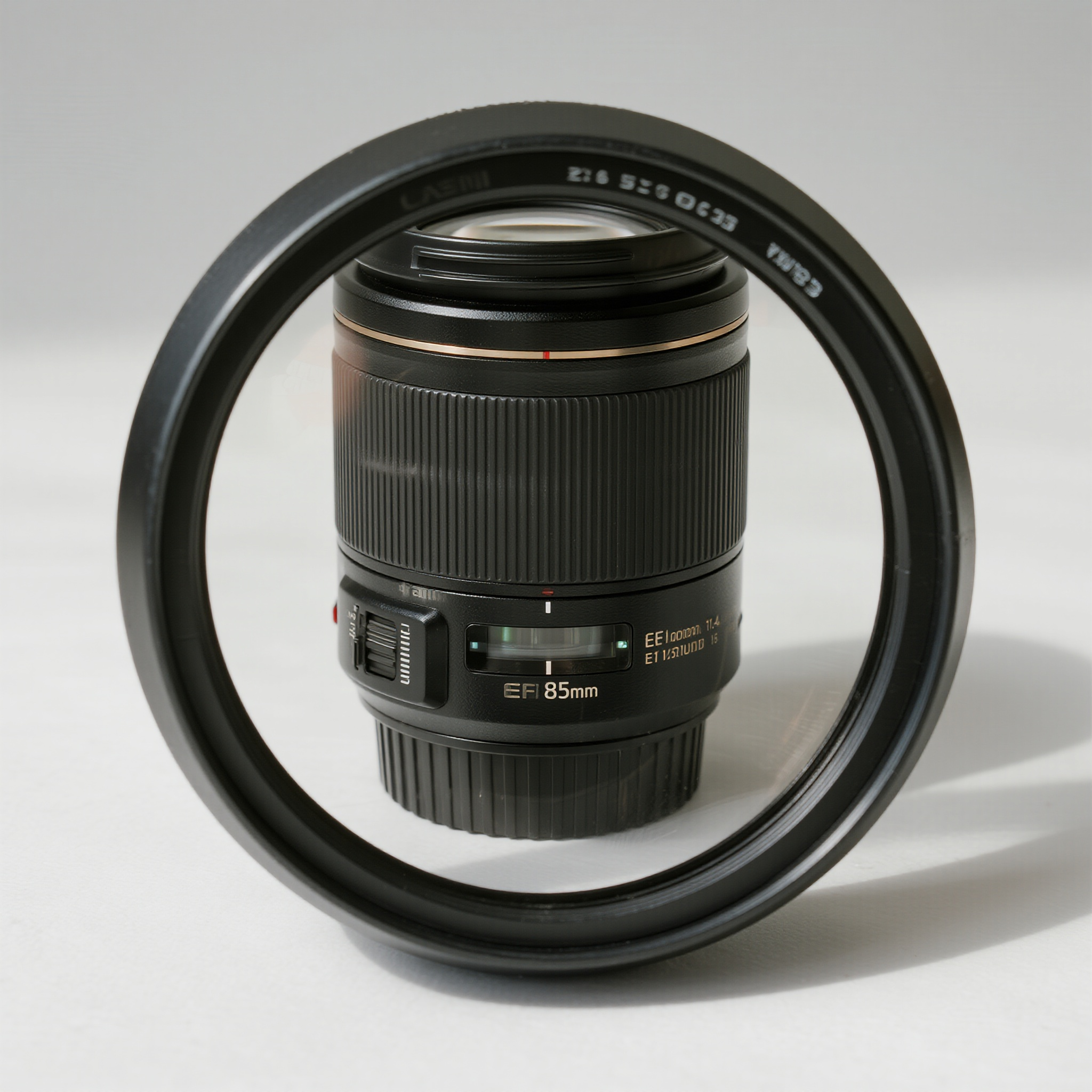 单反相机电商主图,专业单反相机镜头,佳能EF 85mm f1.4,黑色金属机身,镜头盖已移除,前镜组反光,垂直正面角度,中心构图摆放,摄影器材专业照明,硬质感表现,洁白背景隔离