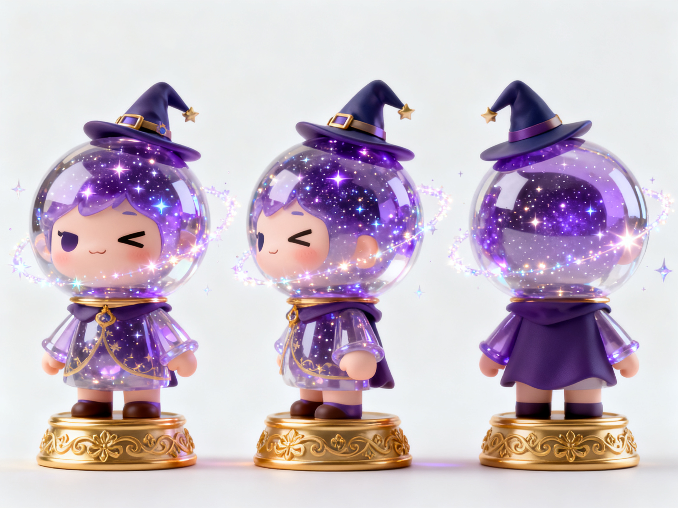 魔法师IP形象,魔法水晶球IP角色,Q版2.5头身短身材,透明紫色水晶球身体内部星空闪烁,金色底座装饰花纹,头戴小巫师帽,魔法光粒环绕,神秘眨眼表情,3D精密建模技术,OC高质量渲染,微距景深效果,干净白色背景,三个角度正侧背视图完整并列显示,魔法系梦幻风格