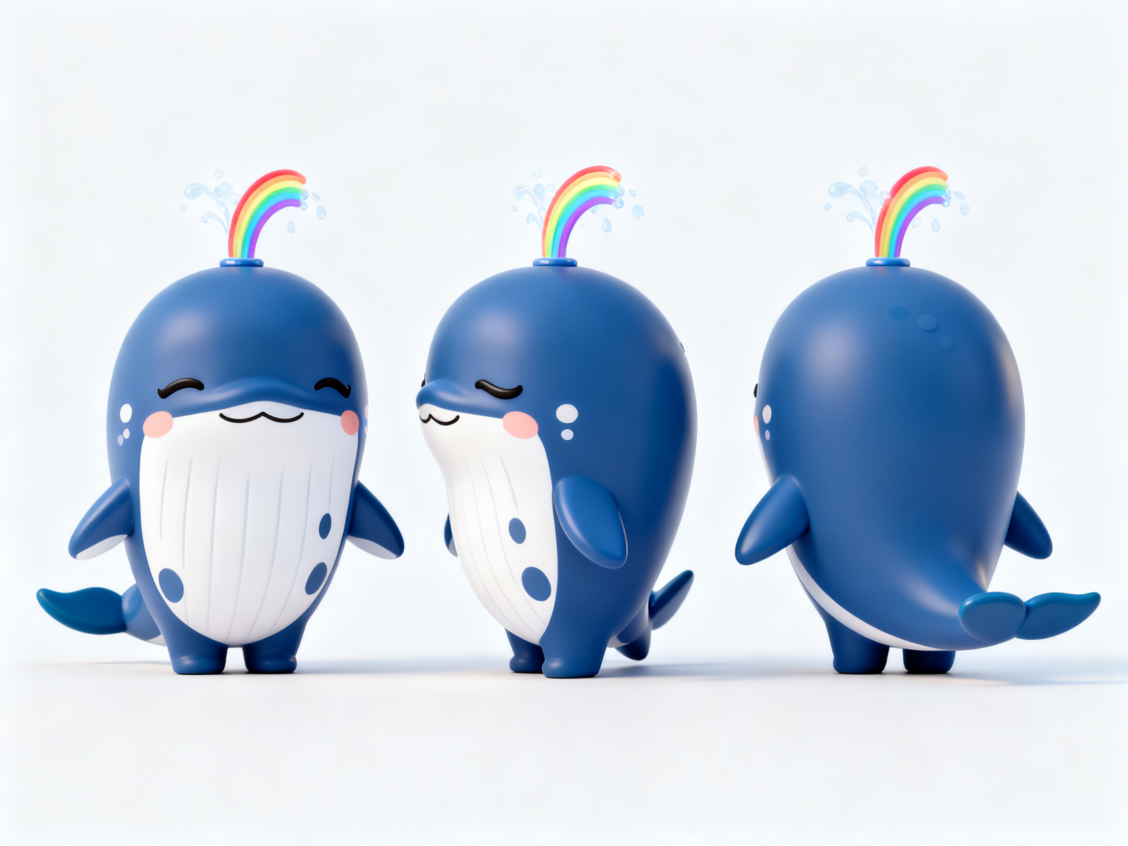 小鲸鱼IP形象,Q版小鲸鱼IP角色,2.5头身可爱比例,深蓝色流线身形,白色肚皮斑纹,头顶喷水孔冒彩虹,小鱼鳍和尾巴,温和眯眼笑容,3D卡通建模技术,OC高质量渲染,浅景深特写,洁白简约背景,三个角度正侧背视图完整同时呈现,海洋生物主题,治愈系蓝色调