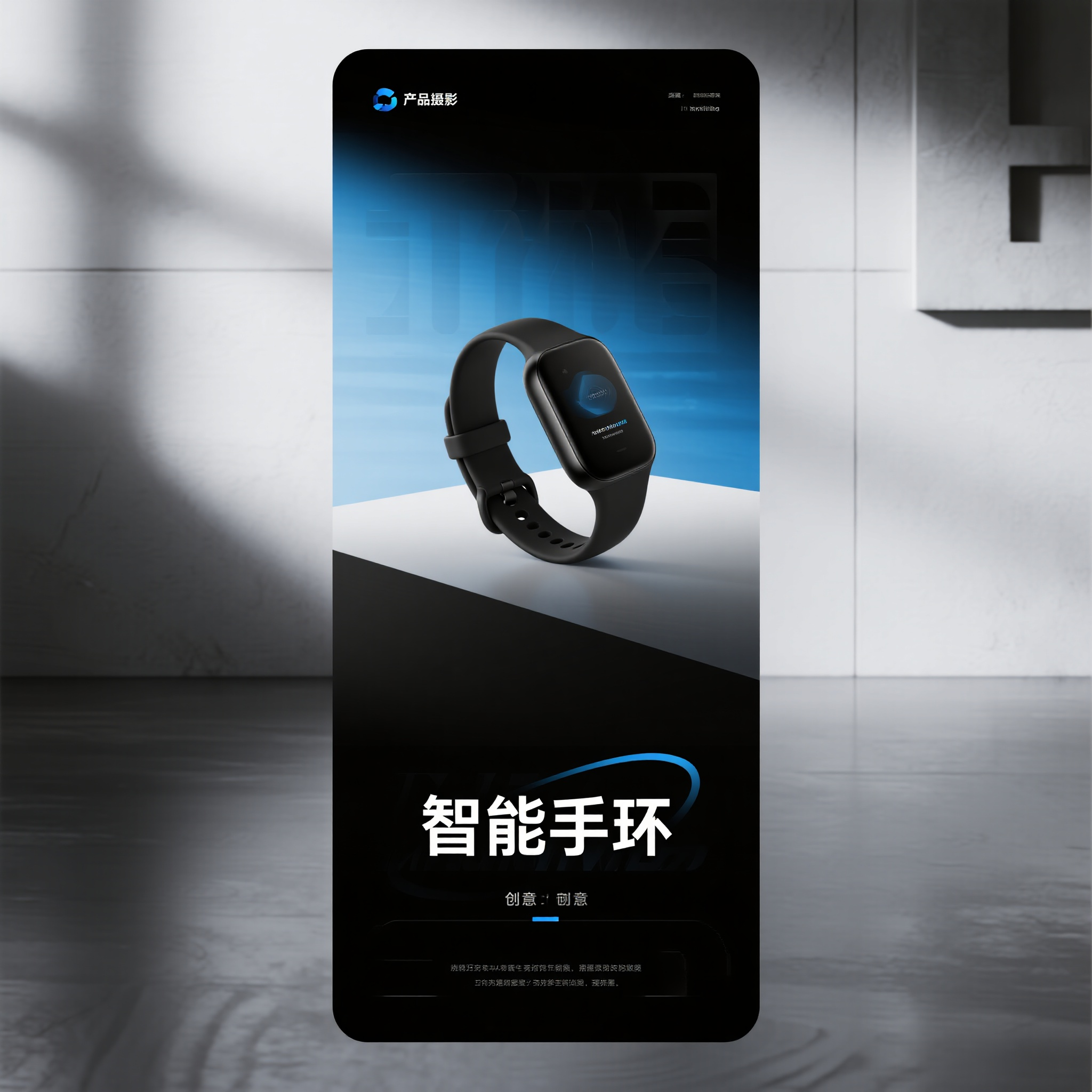 手环电商主图,智能手环,运动健康监测,硅胶黑色表带,OLED彩屏显示,表盘正面朝向,中心位置摆放,科技蓝色光效,现代简约设计,可穿戴设备电商