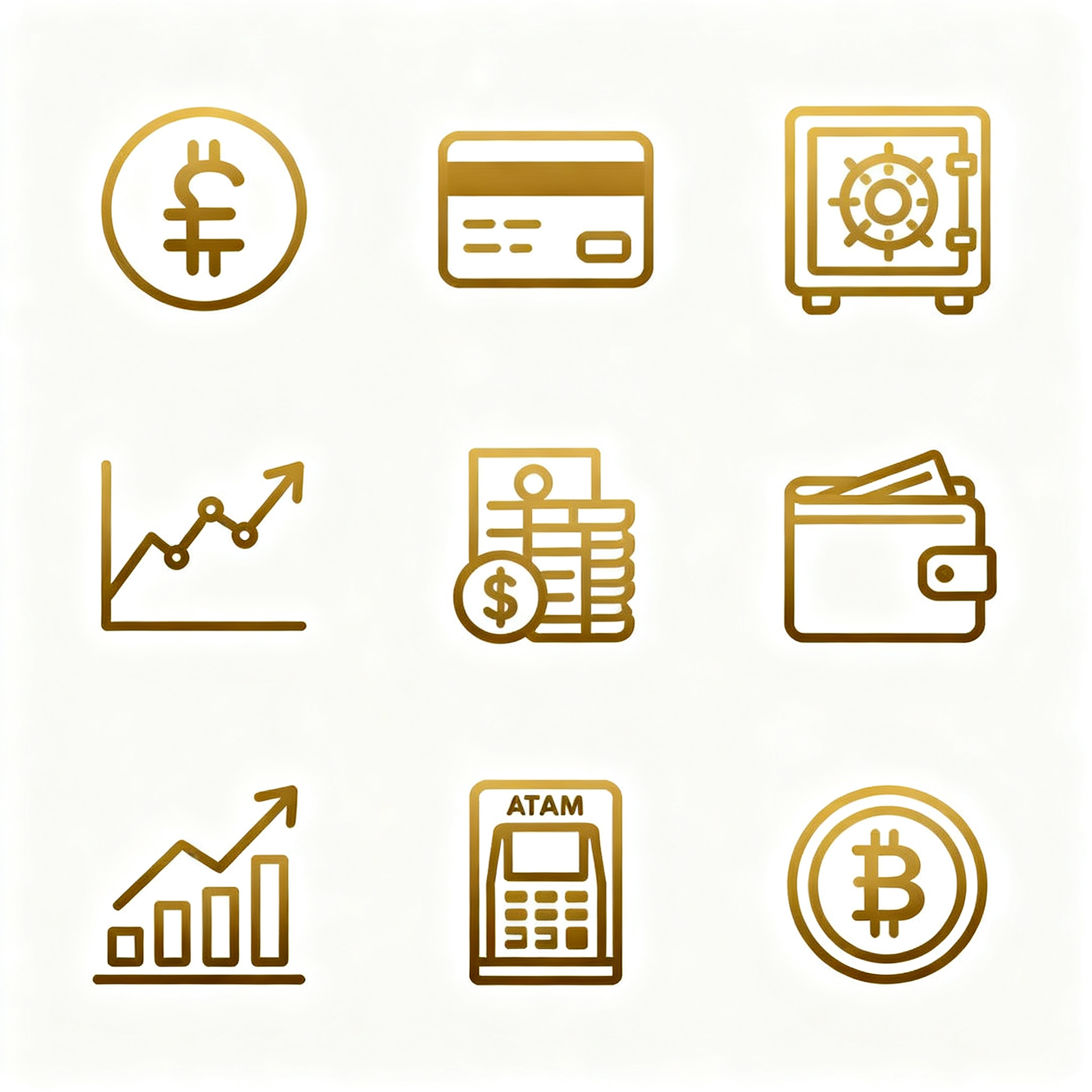 UI面性线性图标,金融理财UI线性图标组,九宫格专业布局,货币符号、银行卡、保险箱、股票图表、钱包、投资增长、ATM机、信用评级、数字货币等9个金融元素,稳重金色#DAA520配色,专业线条设计,财富管理美学,纯白底色,金融服务风格