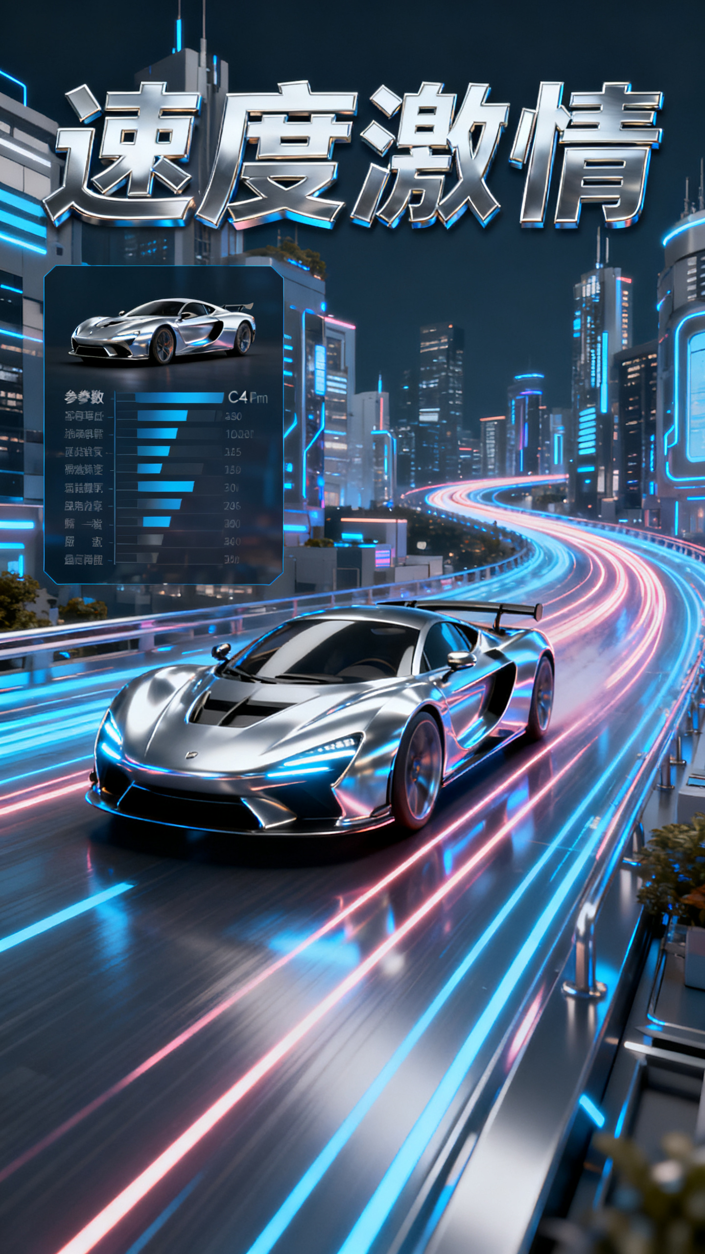 C4D跑车海报,C4D产品海报,汽车广告风格,标题"速度激情"金属拉丝质感,跑车在未来城市中穿梭的三维场景,霓虹灯光轨迹效果,银蓝配色方案,左侧车型参数展示,动感科技美学