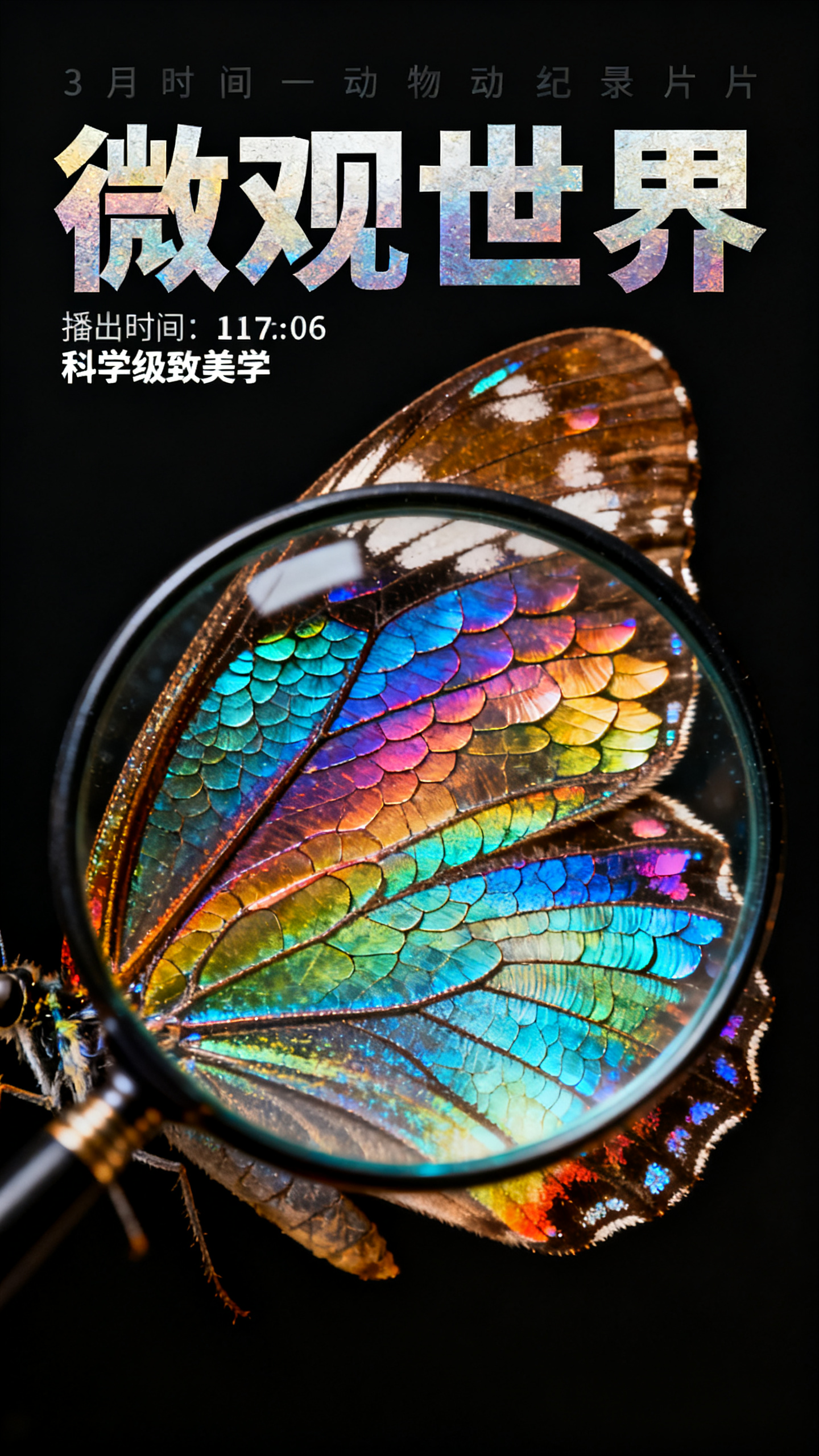 动物自然海报,动物纪录片海报,微距摄影风格,标题"微观世界"放大镜效果字体,蝴蝶翅膀鳞片的超清细节展示,彩虹色彩斑斓,黑色背景突出主体,左上角节目播出时间,科学纪实美学