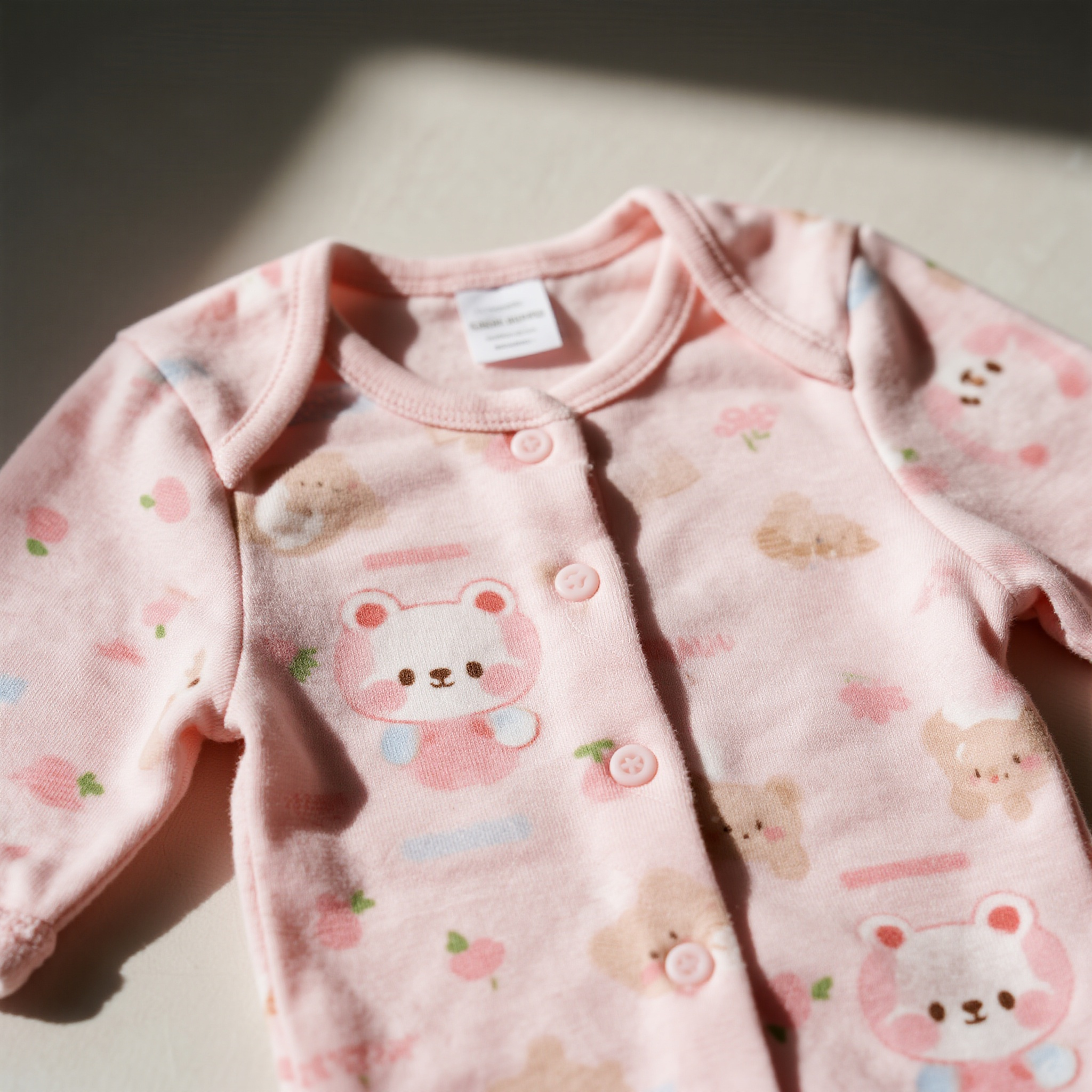 儿童绵衣电商主图,婴儿有机棉连体衣,粉色可爱图案,纯棉柔软质感,衣服正面平铺,画面中央位置,温柔顶光照射,母婴用品安全感,儿童服装电商,家庭关爱情怀