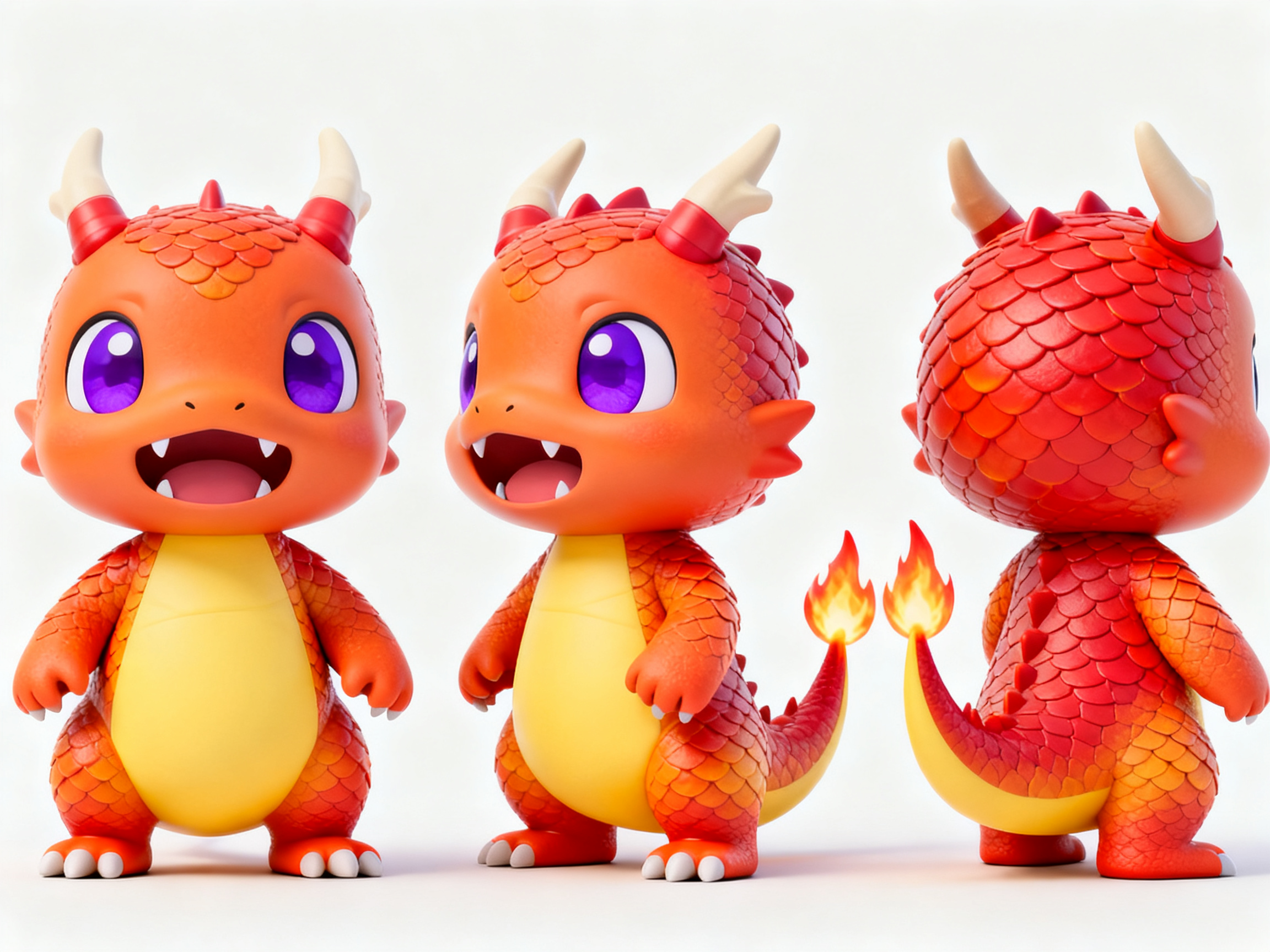 火龙IP形象,Q版小火龙IP角色设计,2.5头身萌系比例,橙红色鳞片身体渐变到黄色肚皮,尾巴尖端燃烧小火苗,头上两个小龙角,紫色大眼睛无辜表情,张开小嘴露可爱牙齿,四肢短小精悍,C4D三维建模技术,Octane渲染器输出,近距离微距拍摄,纯净白色背景,正面视角侧面视角背面视角三个完整角度同时出现在画面中,龙族萌化风格,暖色系火元素主题