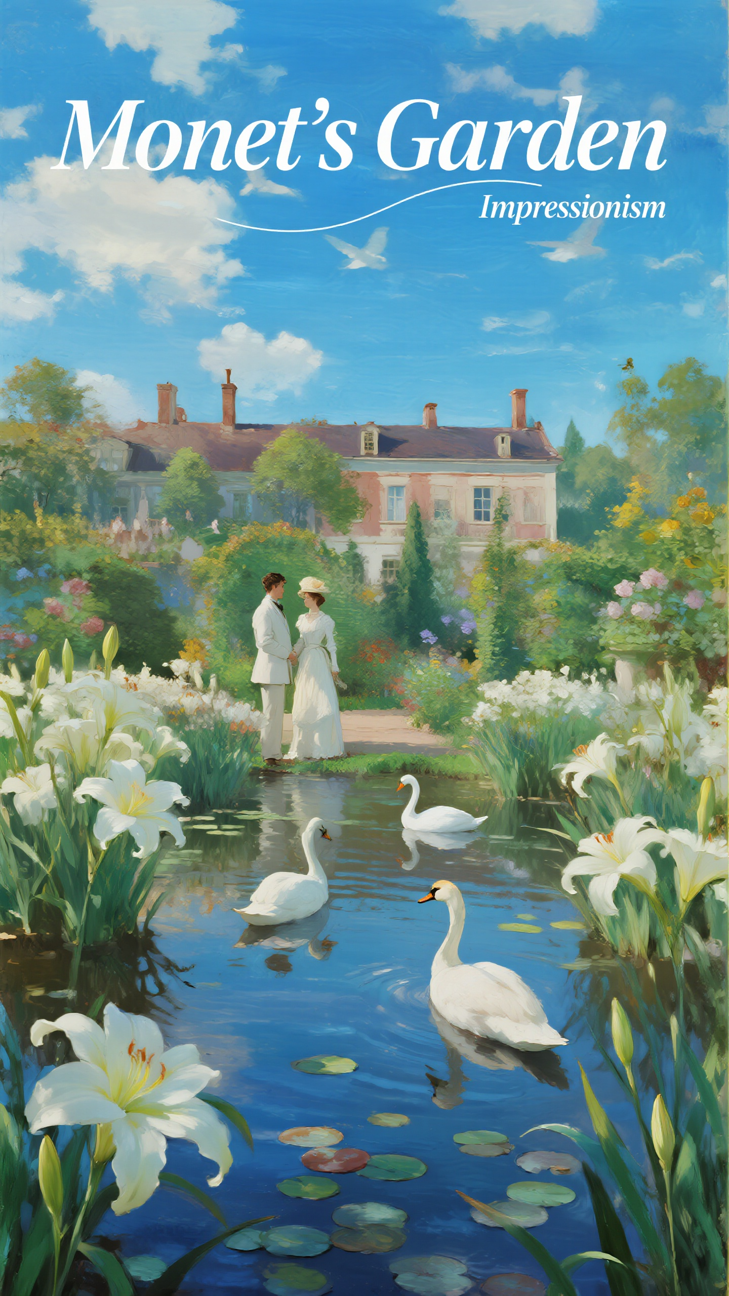 插画海报,欧洲古典插画海报,印象派风格,标题"Monet's Garden"印象派字体顶部,贵族男女在吉维尼花园赏花,白天鹅优雅游弋睡莲池,蓝天白云倒映水面,阳光透过柳枝洒下光斑,色彩明亮笔触松动,莫奈式光影变化,右侧"Impressionism"装饰字,浪漫主义氛围