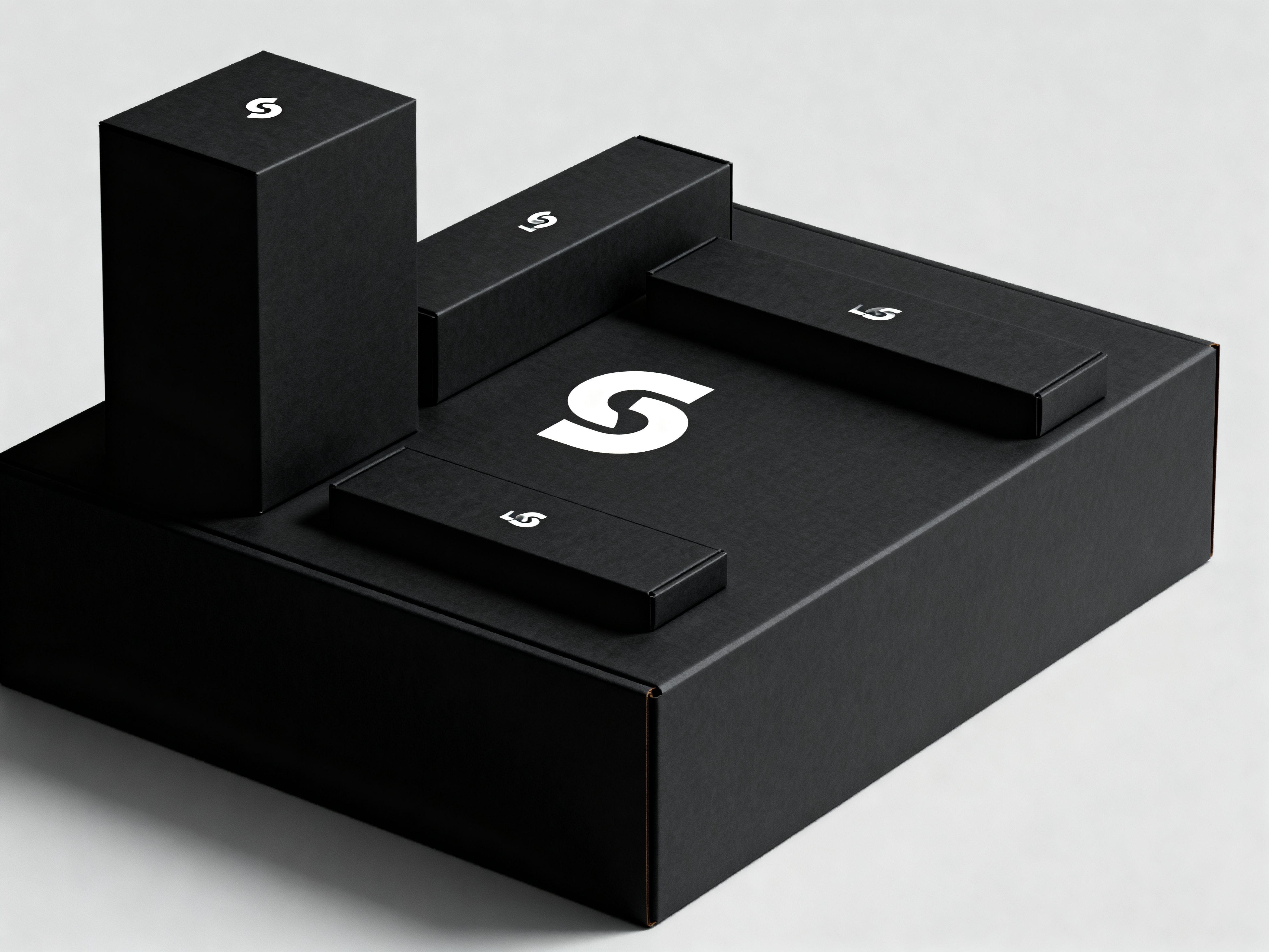 品牌样机包装,品牌样机包装堆拍,4:3比例,黑色系统一色调,白色LOGO居中,多种盒子堆叠(高方盒+长条形盒+超大号方盒),哑光纸质材质,柔和侧光,浅灰色背景,高清细节,8K分辨率,商业摄影风格