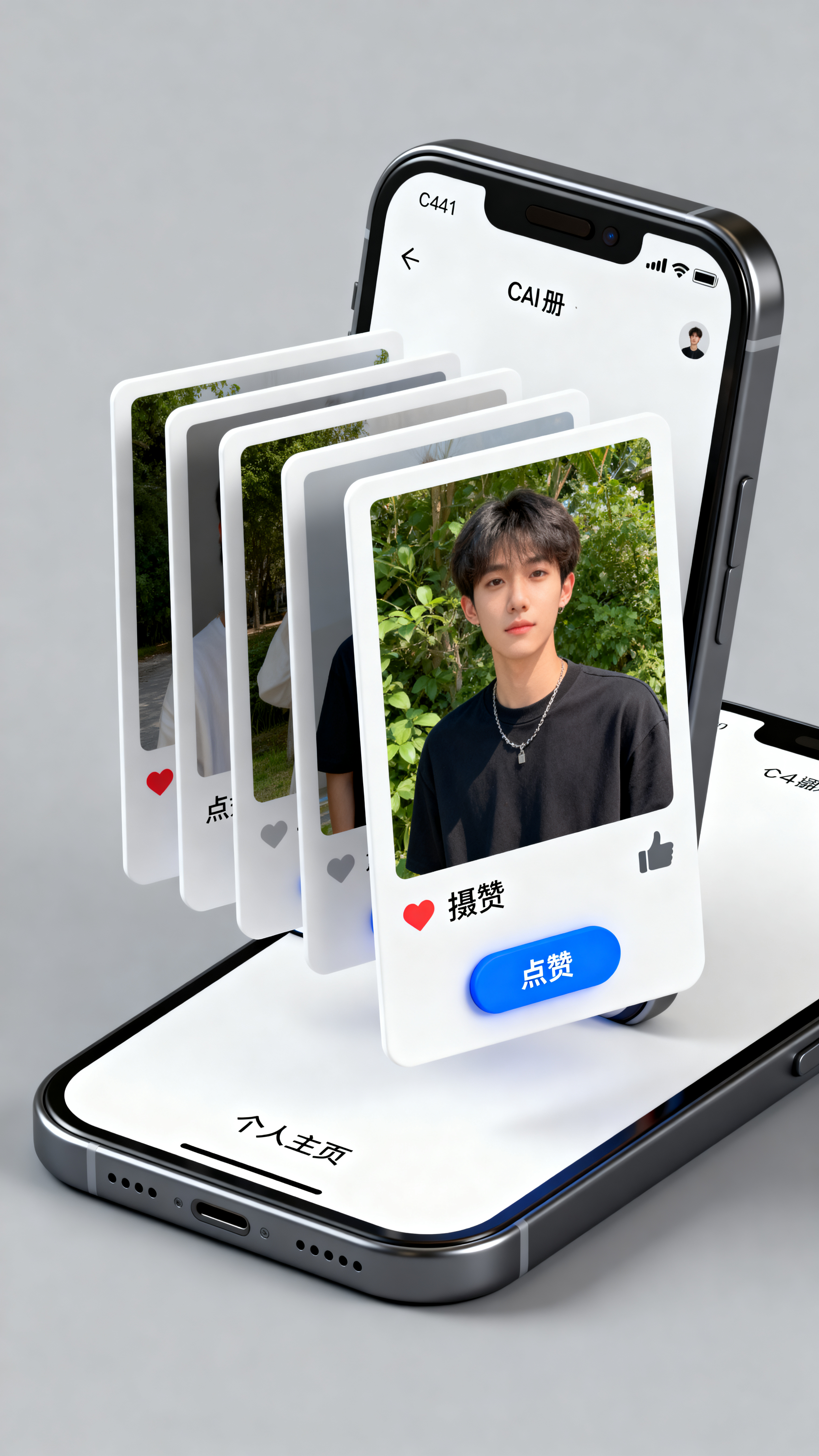 手机UI页面APP设计效果图,摄影社区APP手机UI设计,C4D风格高级UI,3D相册翻页效果,中性灰背景,照片悬浮展示,点赞互动按钮,摄影师个人主页入口,纯白色背景,杰作,高细节